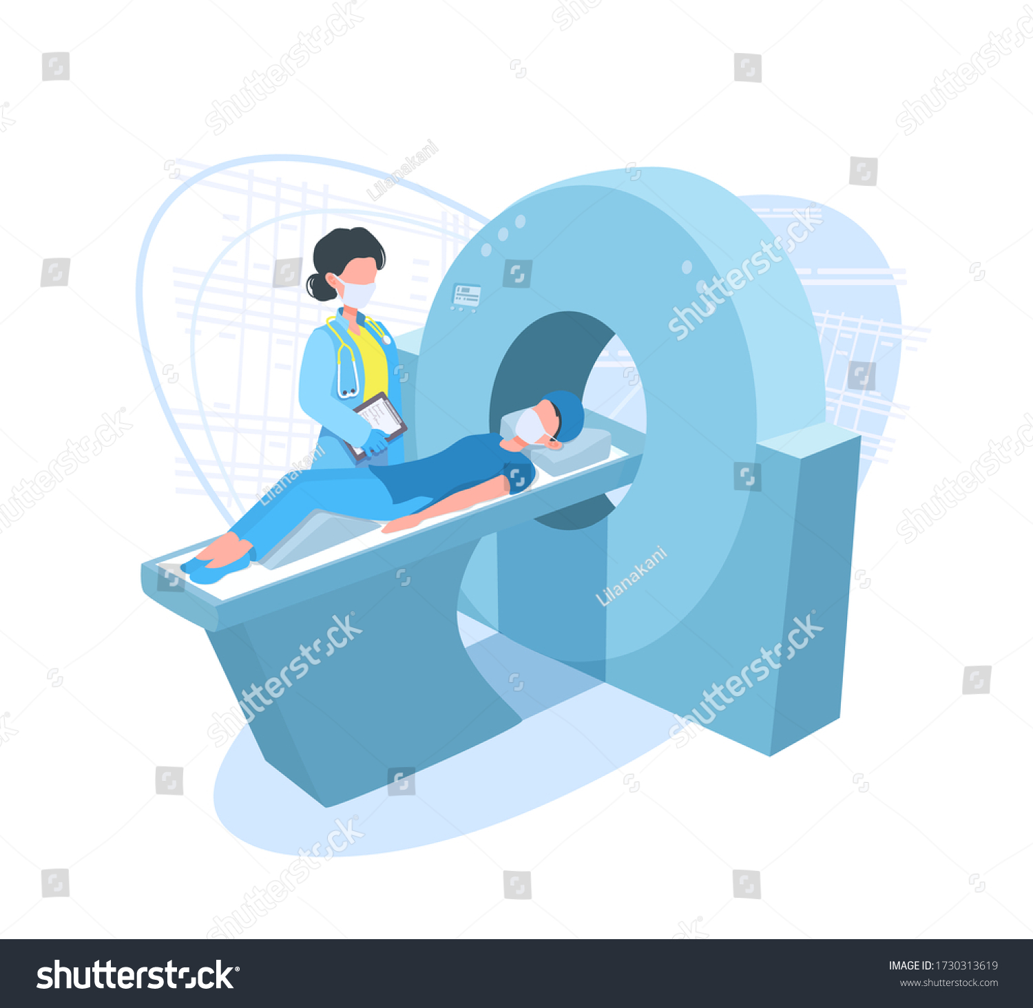 SVG of Computed tomography scan. CAT, MRI scanner. Patient lying, waiting for a procedure. Radiographer standing near CT scanner. The doctor radiologist wears a surgical mask and gloves.  svg