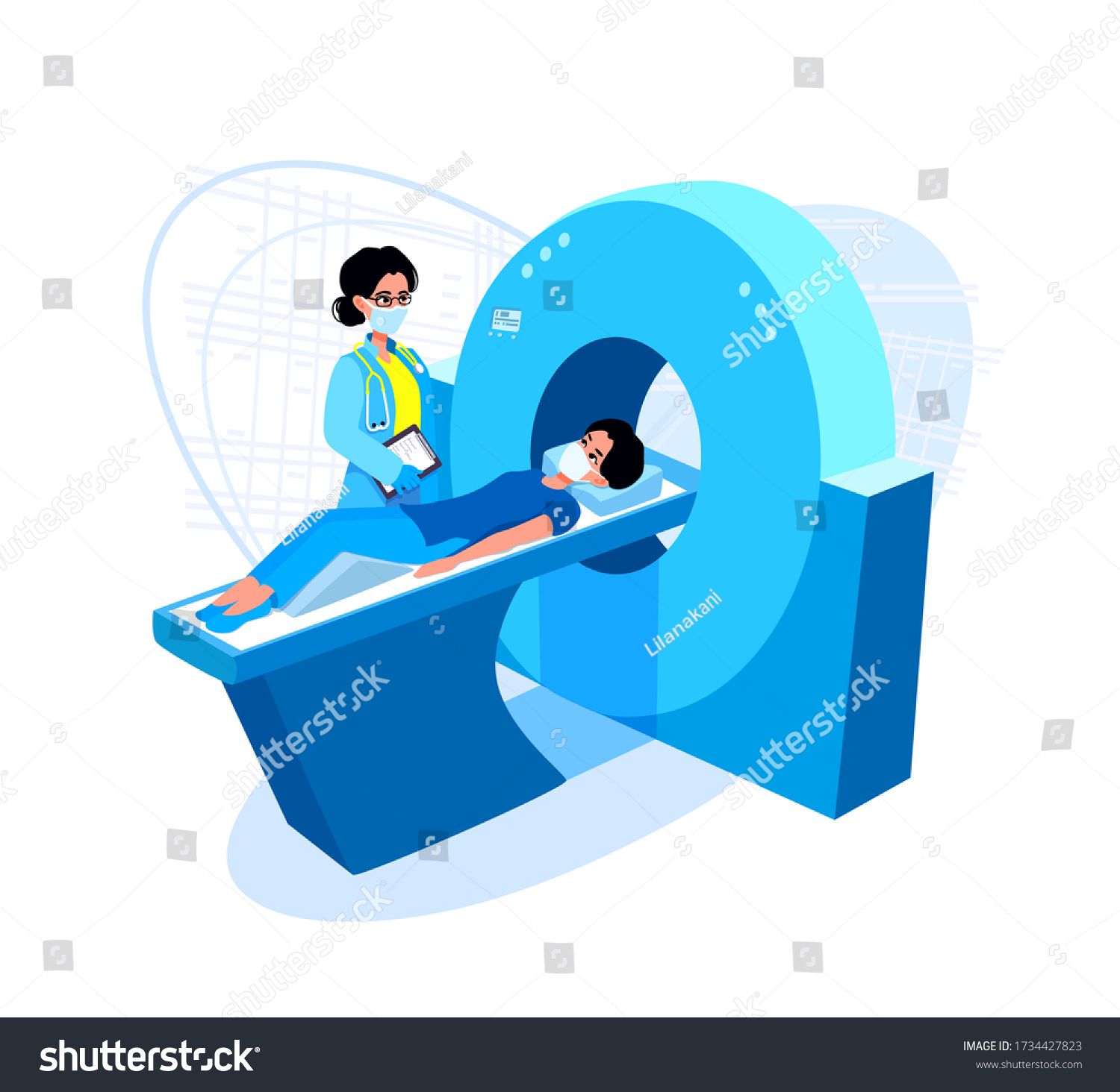 SVG of Computed tomography scan. CAT, MRI scanner. Patient lying, waiting for a procedure. Radiographer standing near CT scanner. The doctor radiologist wears a surgical mask and gloves.  svg