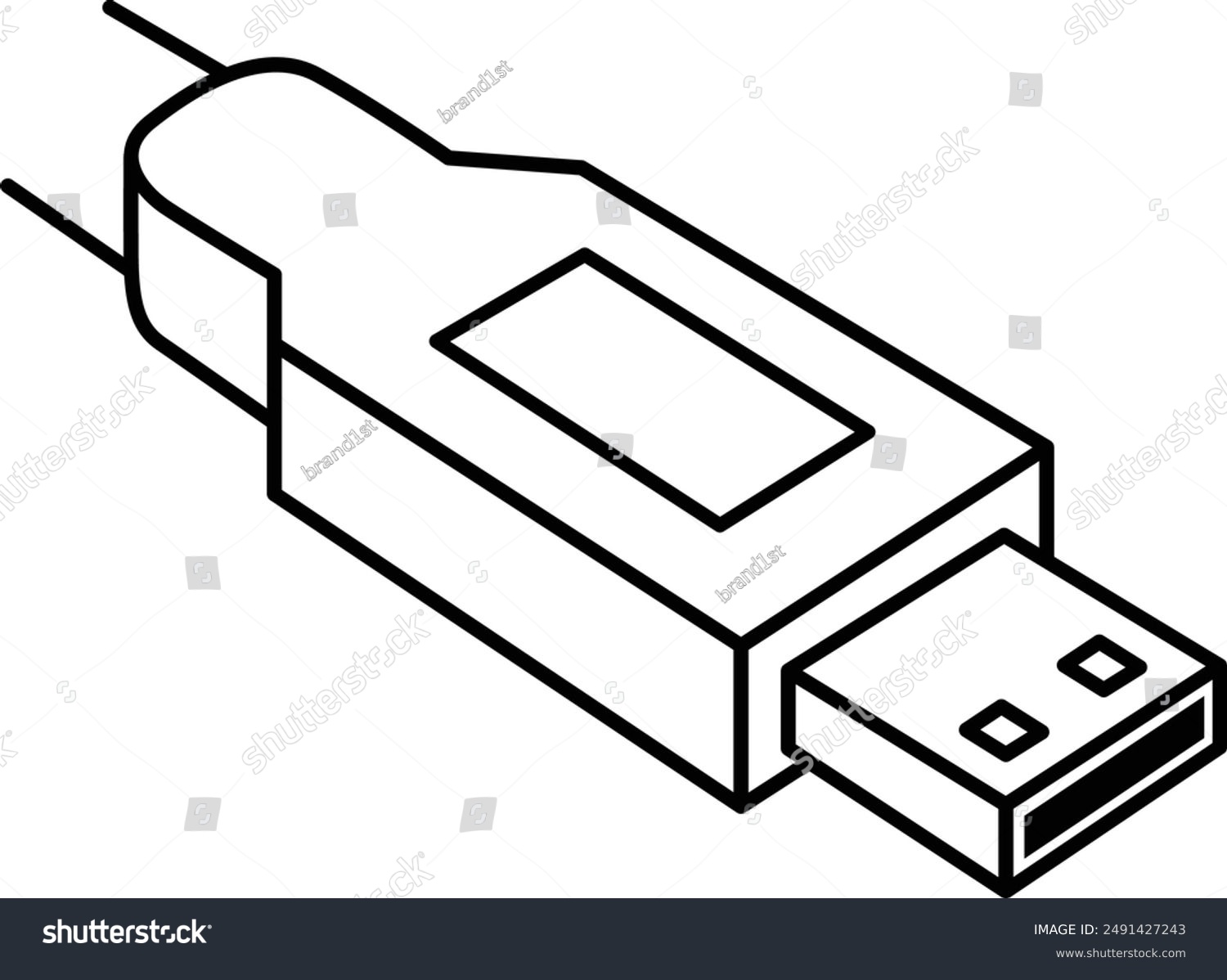 black usb cable isometric view clip art preview