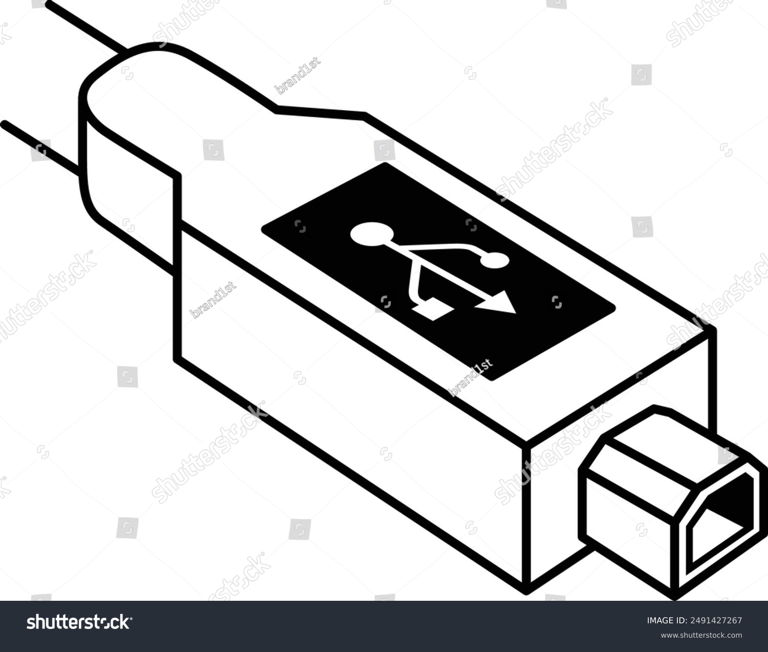 black and white usb cable isometric view clip art preview