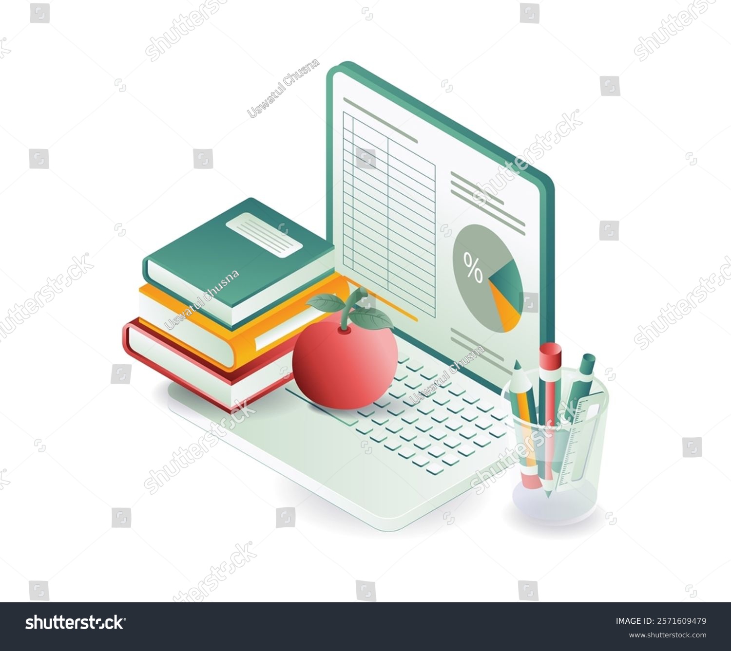 isometric laptop books apple pencils education concept clip art preview
