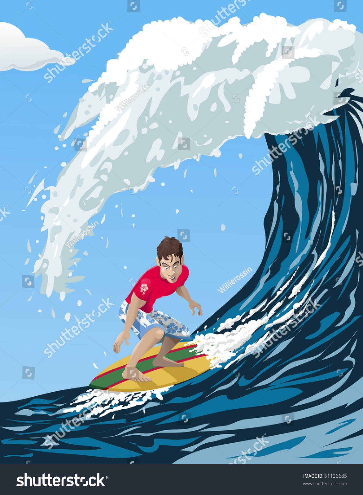 Computer-Made Illustration Of A Cool Surfer Riding A Big Ocean Wave ...