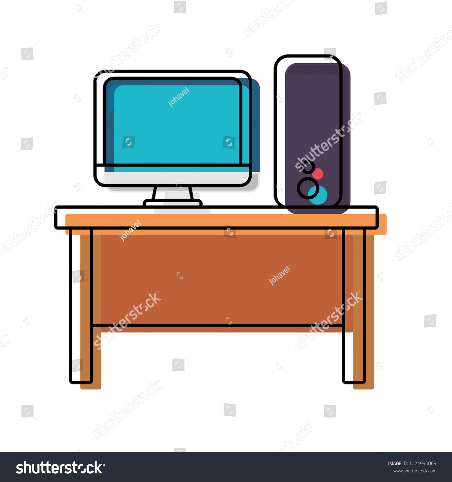 computer setup on desk, blue screen, cartoon style clip art preview
