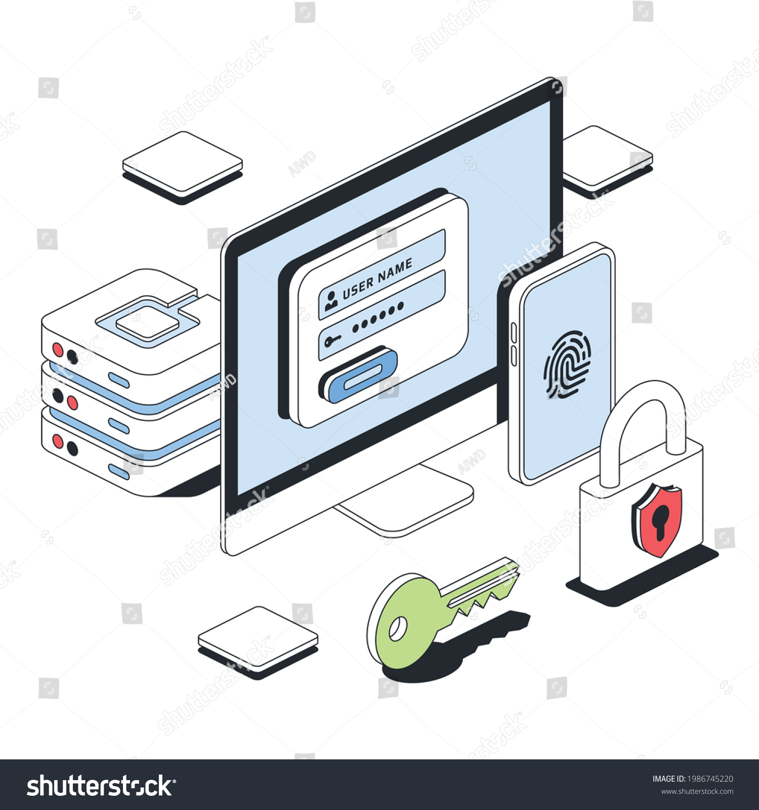 isometric security concept: computer, phone, key, lock clip art preview