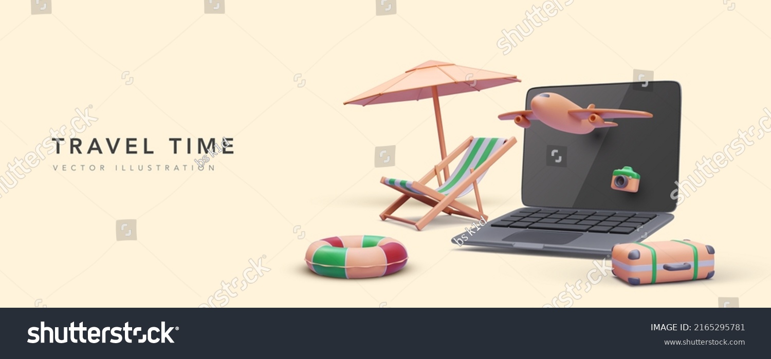 SVG of Concept banner for tourism agency in 3d realistic style with laptop, airplane, suitcase, umbrella, beach chair and camera. Vector illustration svg