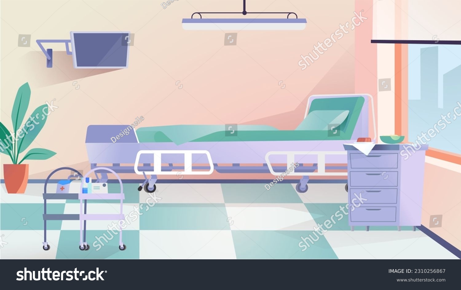 SVG of Concept Hospital room chamber. This illustration features a flat, cartoon-style design of a hospital room chamber as a background. Vector illustration. svg