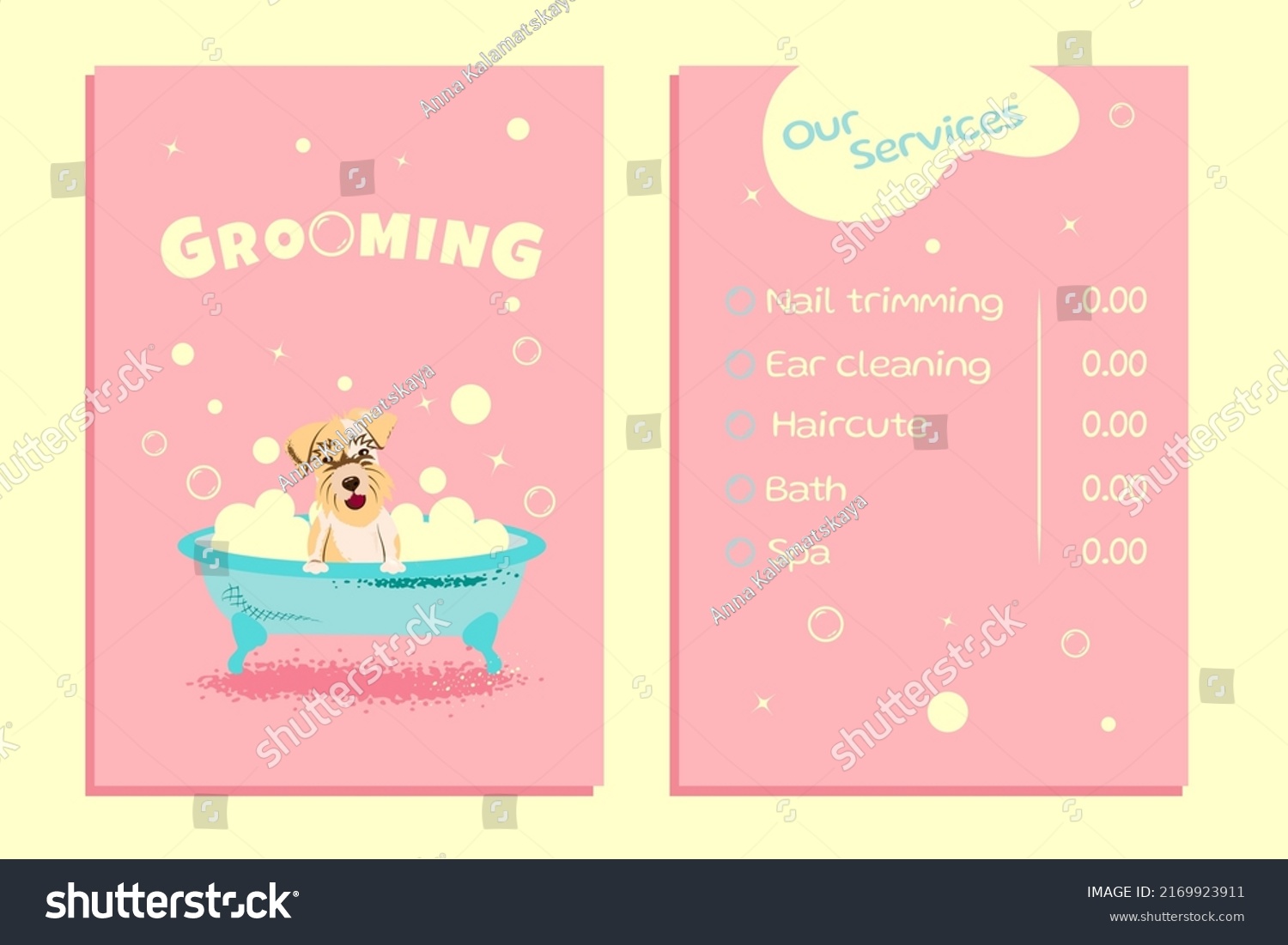 SVG of Concept of a grooming salon. Cartoon dog sitting in a bubble bath. Vector Illustration business card pricelist and special offer for pet grooming salon with dog and bubbles. Printable template a4 svg
