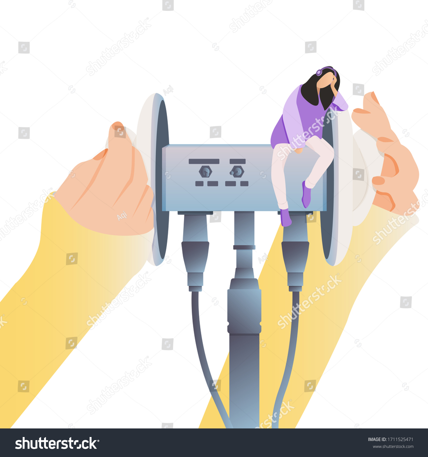 SVG of Concept of ASMR. Hands are touching sensors, triggers and girl listens. For blogger to make massage, whisper, rustling. Autonomous sensory meridian response. Vector Illustration, isolated. svg