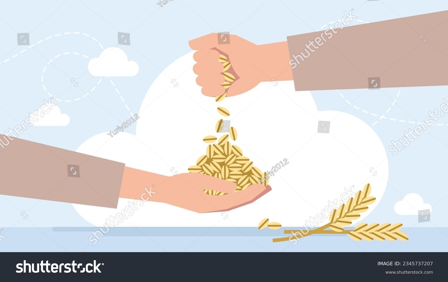 SVG of Concept of charity and donation. A generous man pours out a handful of grain to a beggar. Generosity. Feed the hungry. Support to people. Vector flat illustration svg