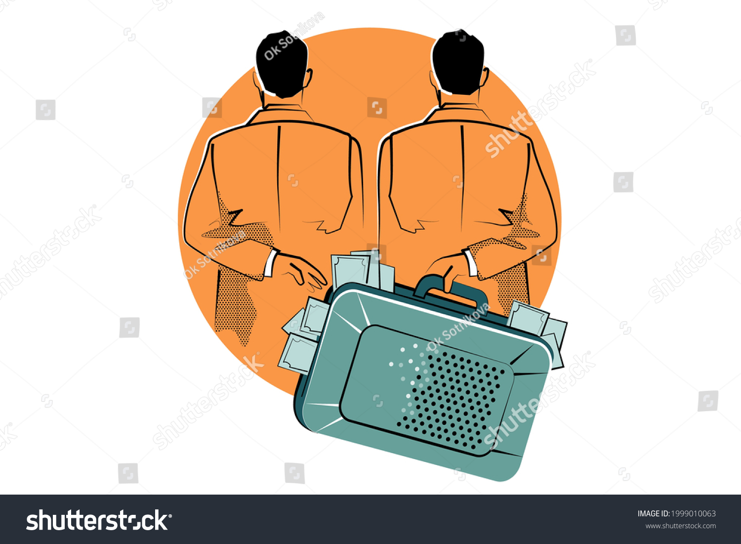 SVG of Concept of Corruption, Dishonest or fraudulent conduct by those in power, involving Bribery. Vector illustration of two men hand over money, bribe in suitcase. svg