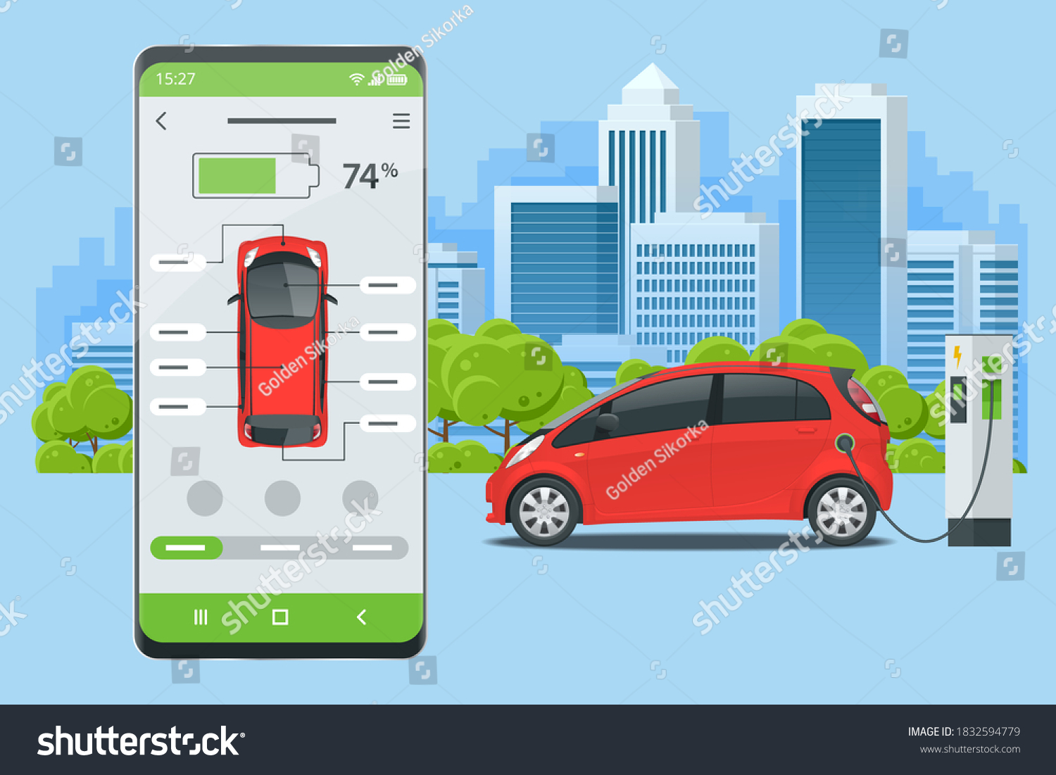 SVG of Concept of electric vehicle charge, mobile application for charge management. Car fuel manager smartphone interface. svg