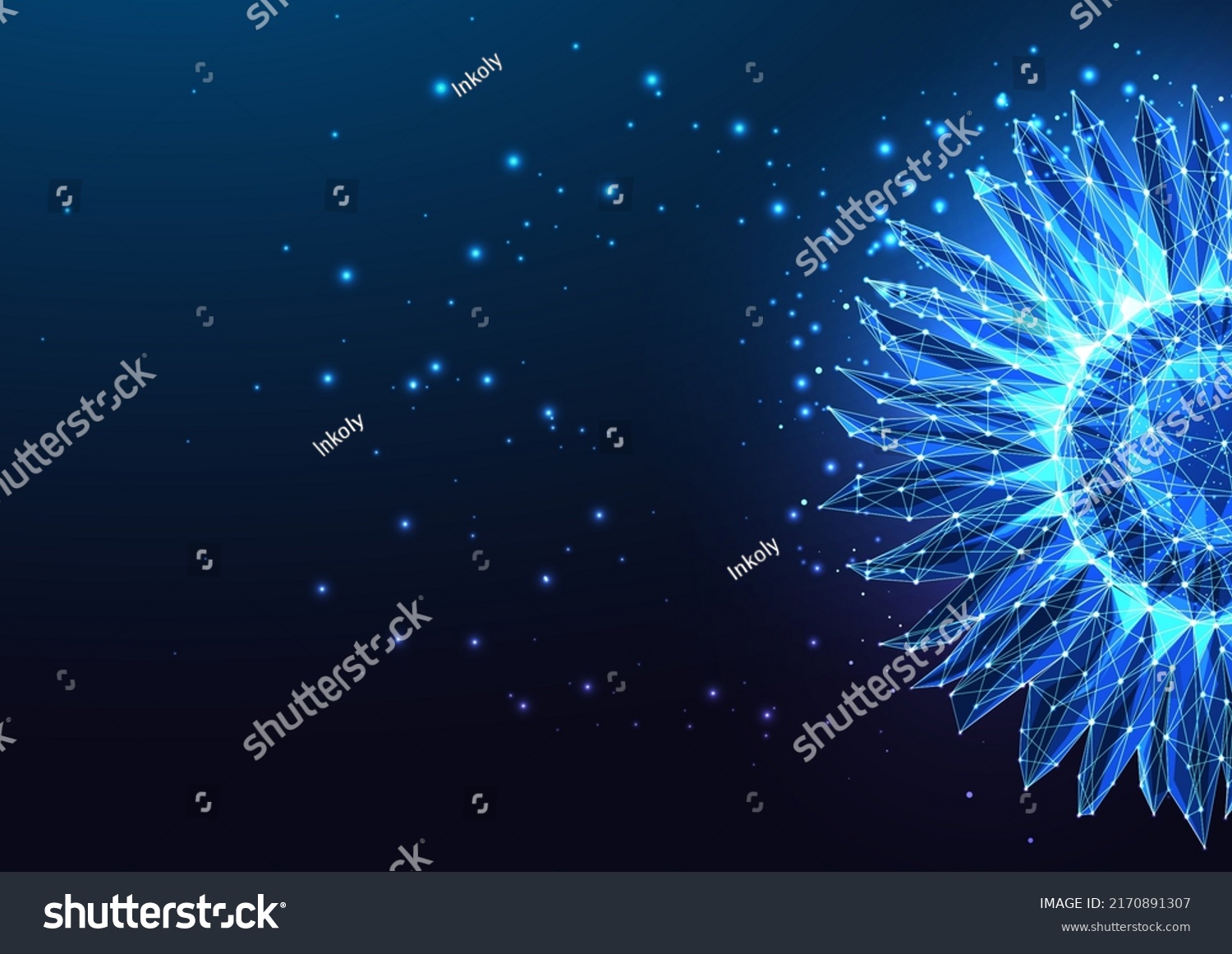 SVG of Concept of fantasy flower, sunflower banner in futuristic glowing low polygonal style on dark blue  svg