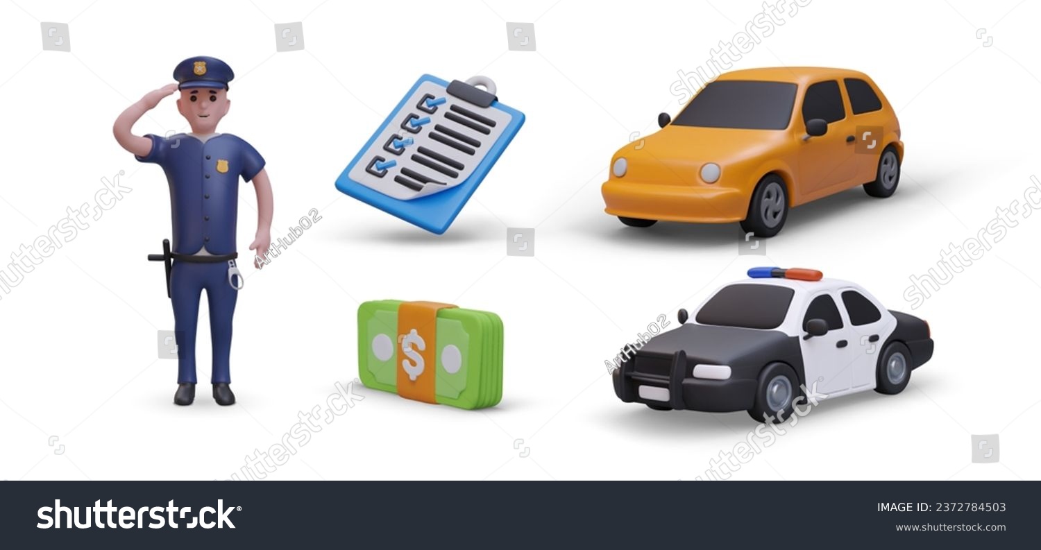 SVG of Concept of fine for traffic accident. 3D policeman, car, police car, wad of banknotes, list of violations. Set of vector illustrations in cartoon style svg