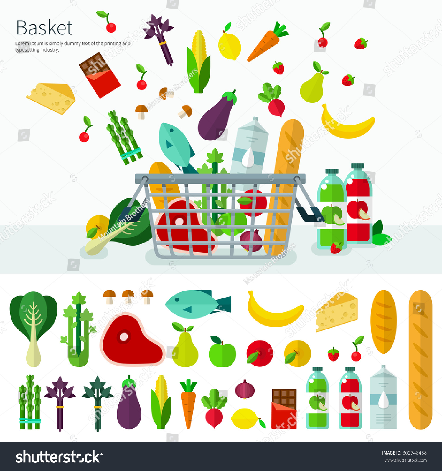 Concept Healthy Food Basket Vegetables Cheese Stock Vector Royalty   Stock Vector Concept Of Healthy Food Basket With Vegetables Cheese Juices Berries Icon Set Flat Design Of 302748458 