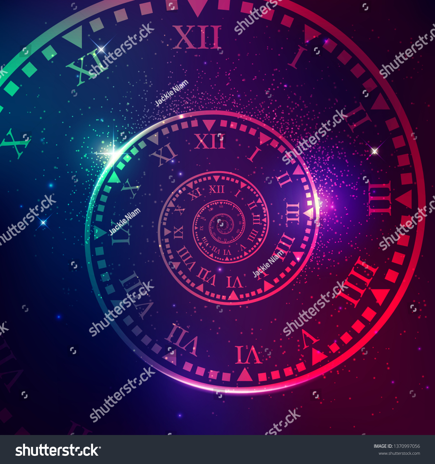 宇宙の時空のコンセプト 銀河星の背景に渦巻き状の時計 のベクター画像素材 ロイヤリティフリー
