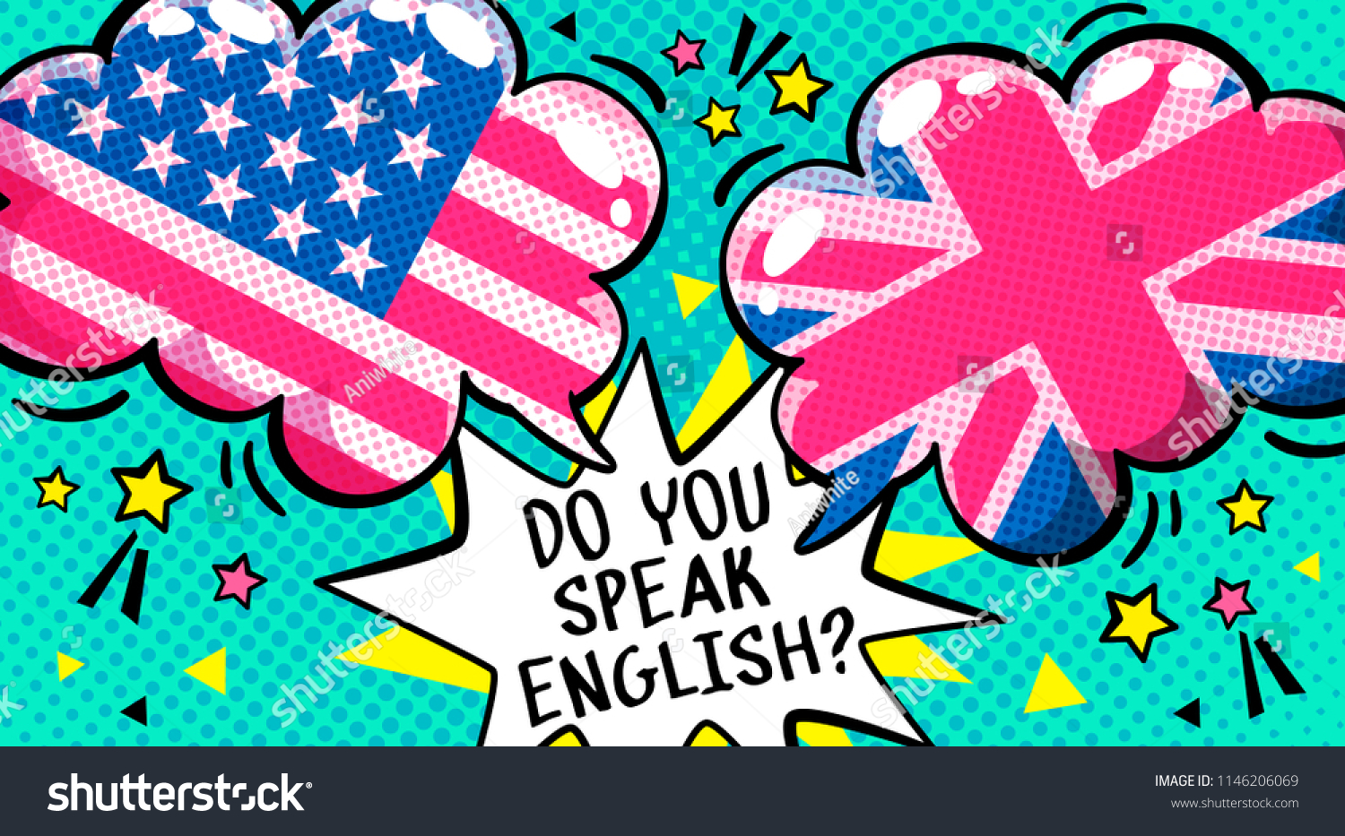 SVG of Concept of studing english. Do you speak English and Let is go word bubble with British and american flags. Message in pop art comic style. svg