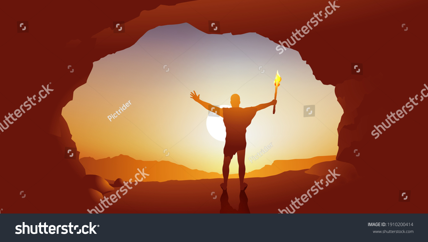 SVG of Concept of the origin of mankind and the invention of fire, with a prehistoric man holding up a lighted torch at the entrance to his cave, looking at the sun. svg