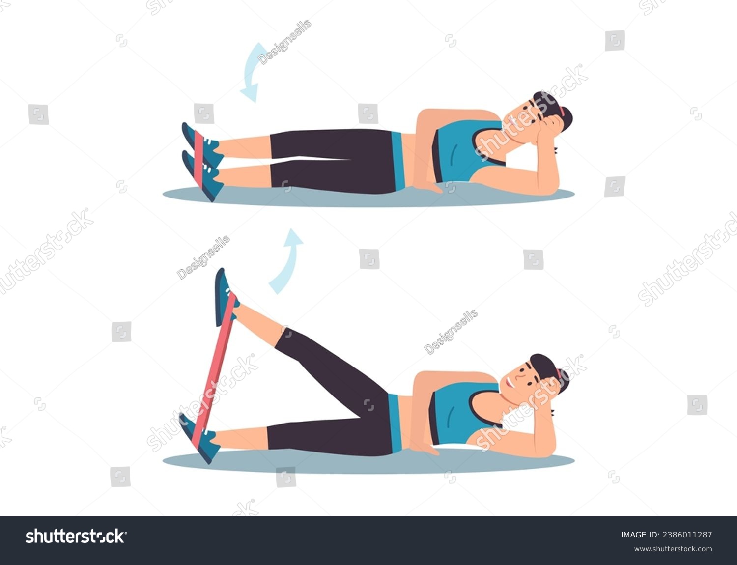 SVG of Concept Women's workout in the flat cartoon design. The girl does sports and uses special sports rubber bands to pump up her legs. Vector illustration. svg