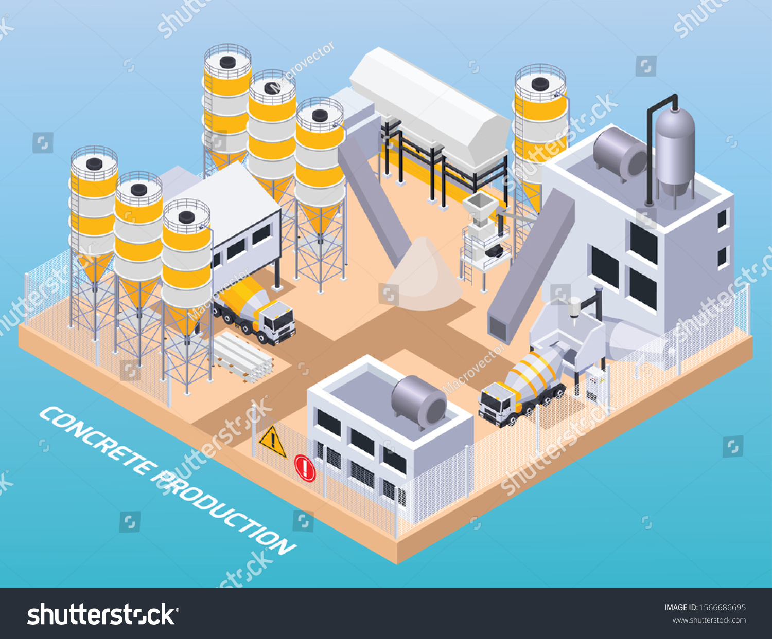 SVG of Concrete cement production isometric composition of text and above view of industrial site with factory buildings vector illustration svg