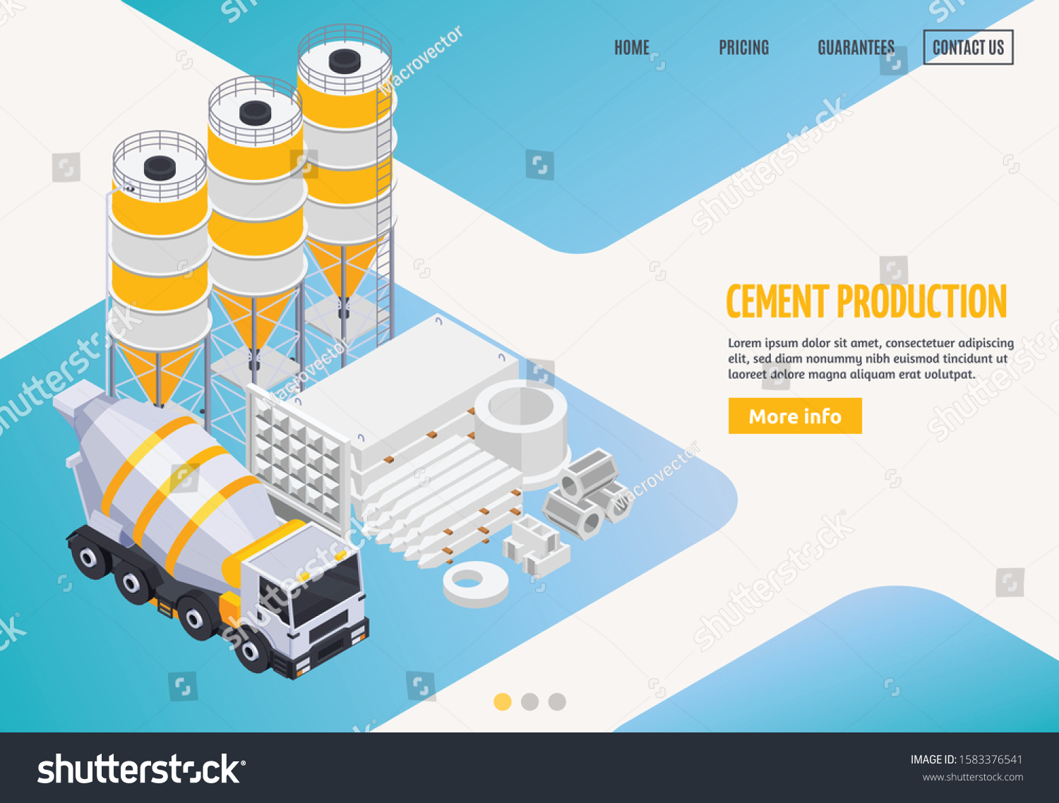 SVG of Concrete cement production isometric landing web site page with more info button clickable links and images vector illustration svg
