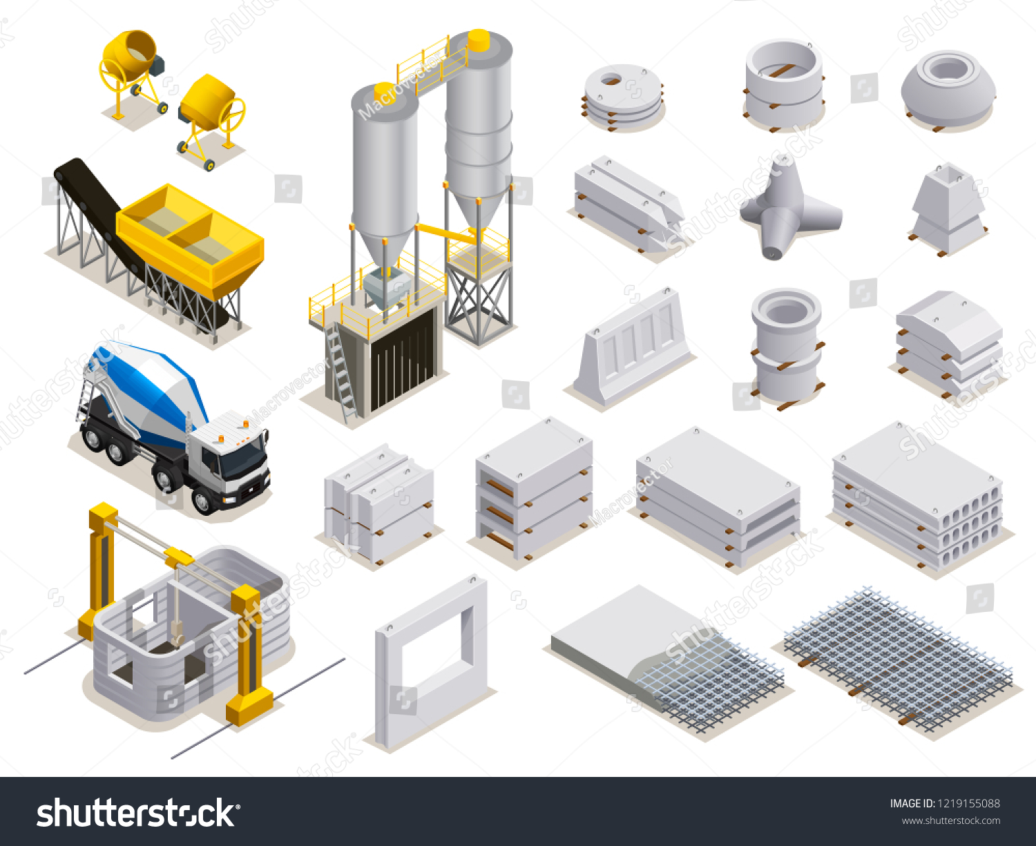 SVG of Concrete production set of isometric icons with manufacturing equipment transport and finished stone details isolated vector illustration svg