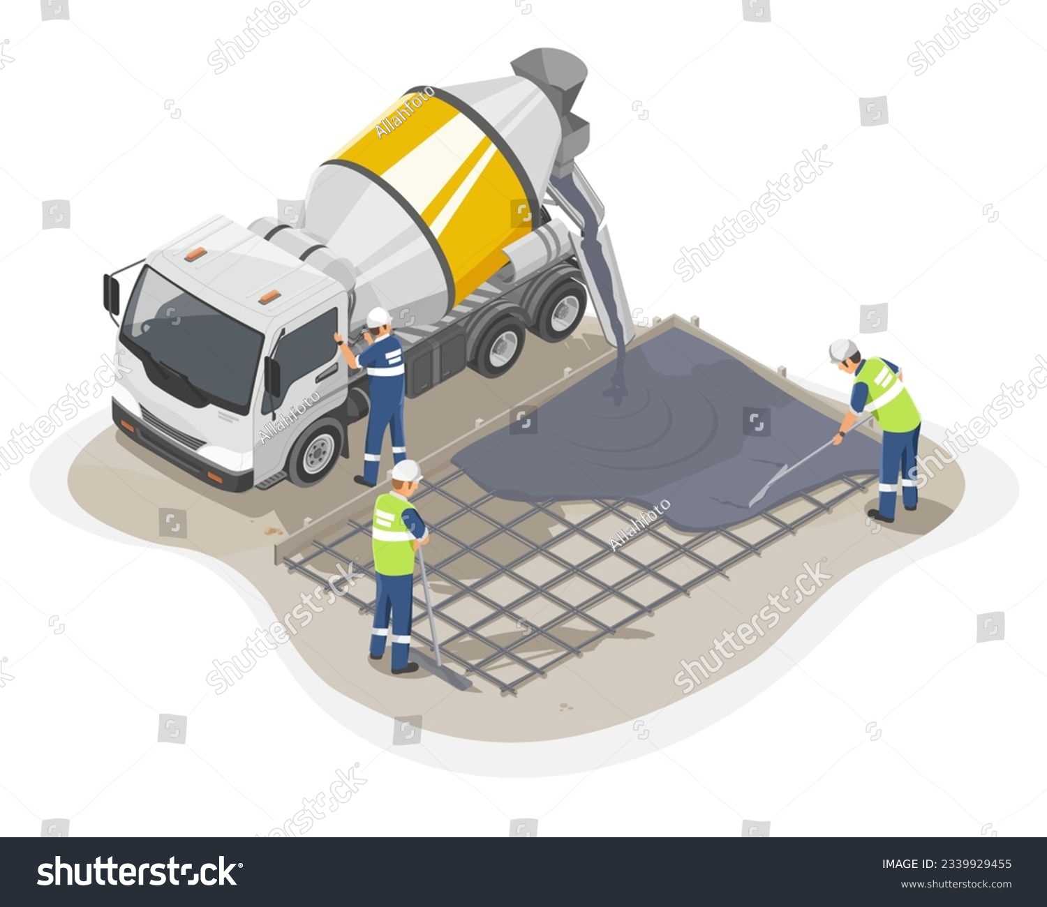 SVG of Concrete truck isometric yellow white cement delivery worker working on floor construction worksite isolated cartoon illustration vector svg