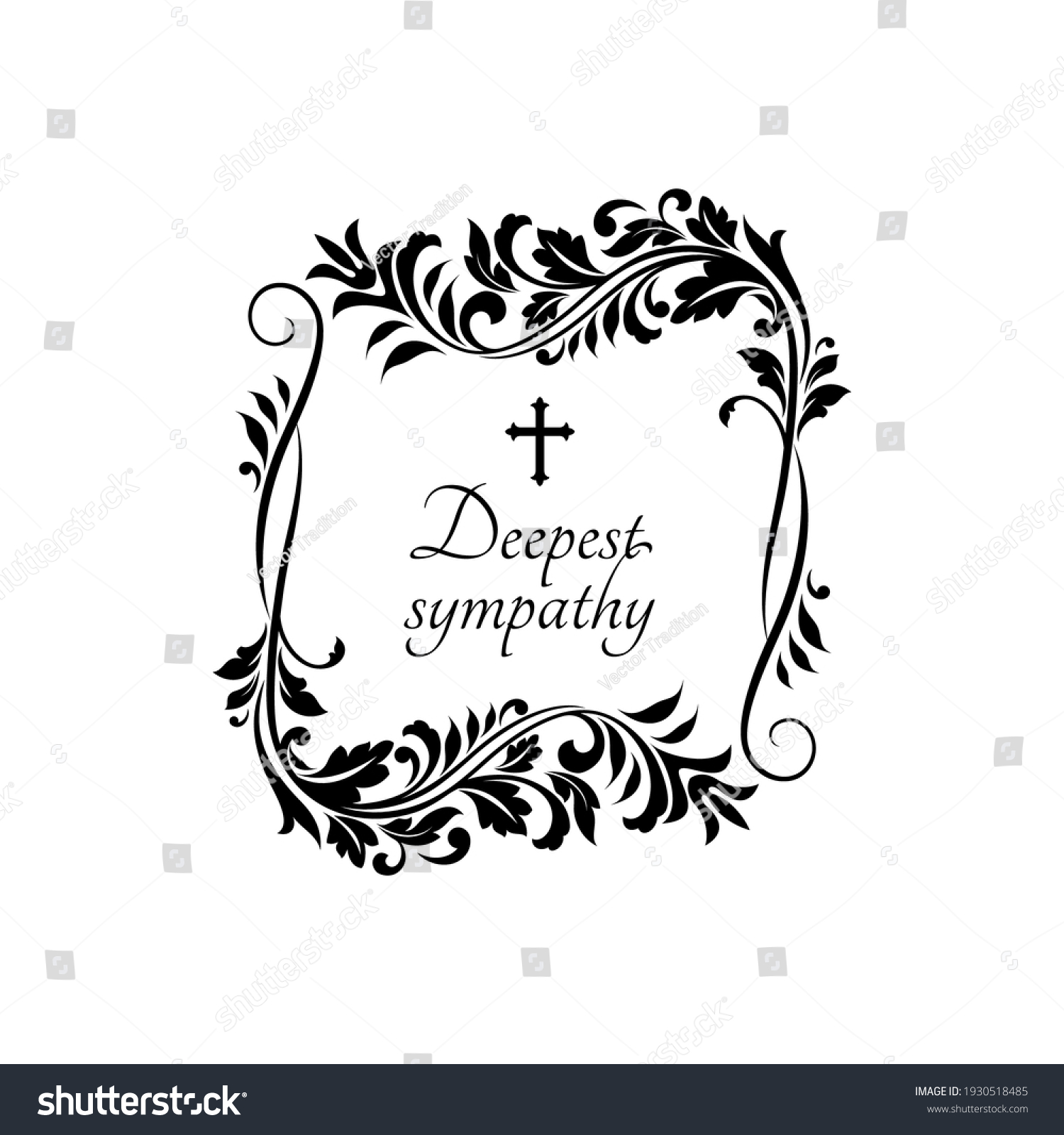 SVG of Condolence message on gravestone with vintage flower ornaments and crucifix cross. Vector funeral card template, obituary memorial, gravestone funeral lettering on tombstone, floral border frame svg
