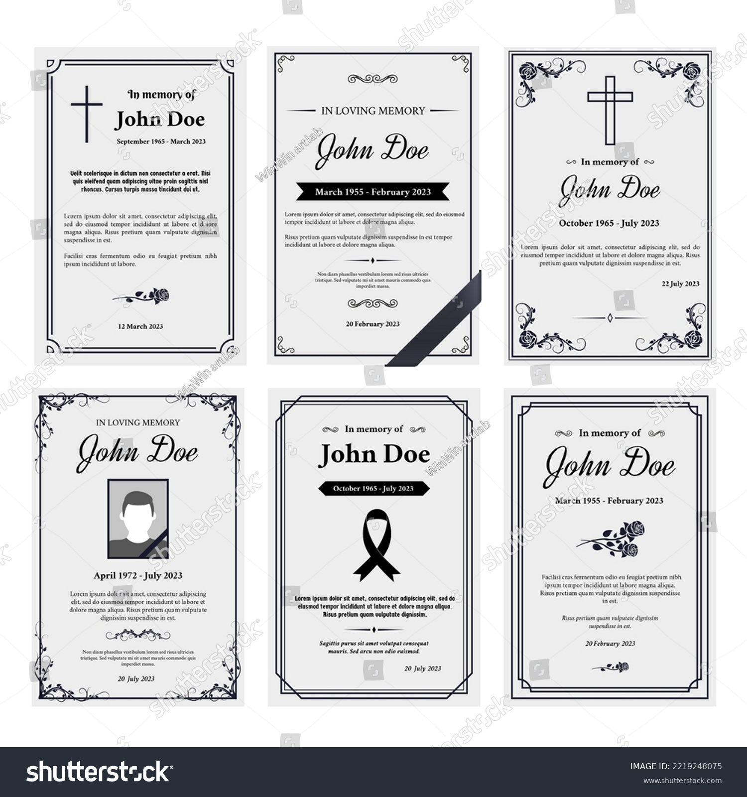 SVG of Condolence obituary card layout. In loving memory of, funerals invitation cover with black ribbon corner and grief sheet vector set of obituary layout, funeral template illustration svg