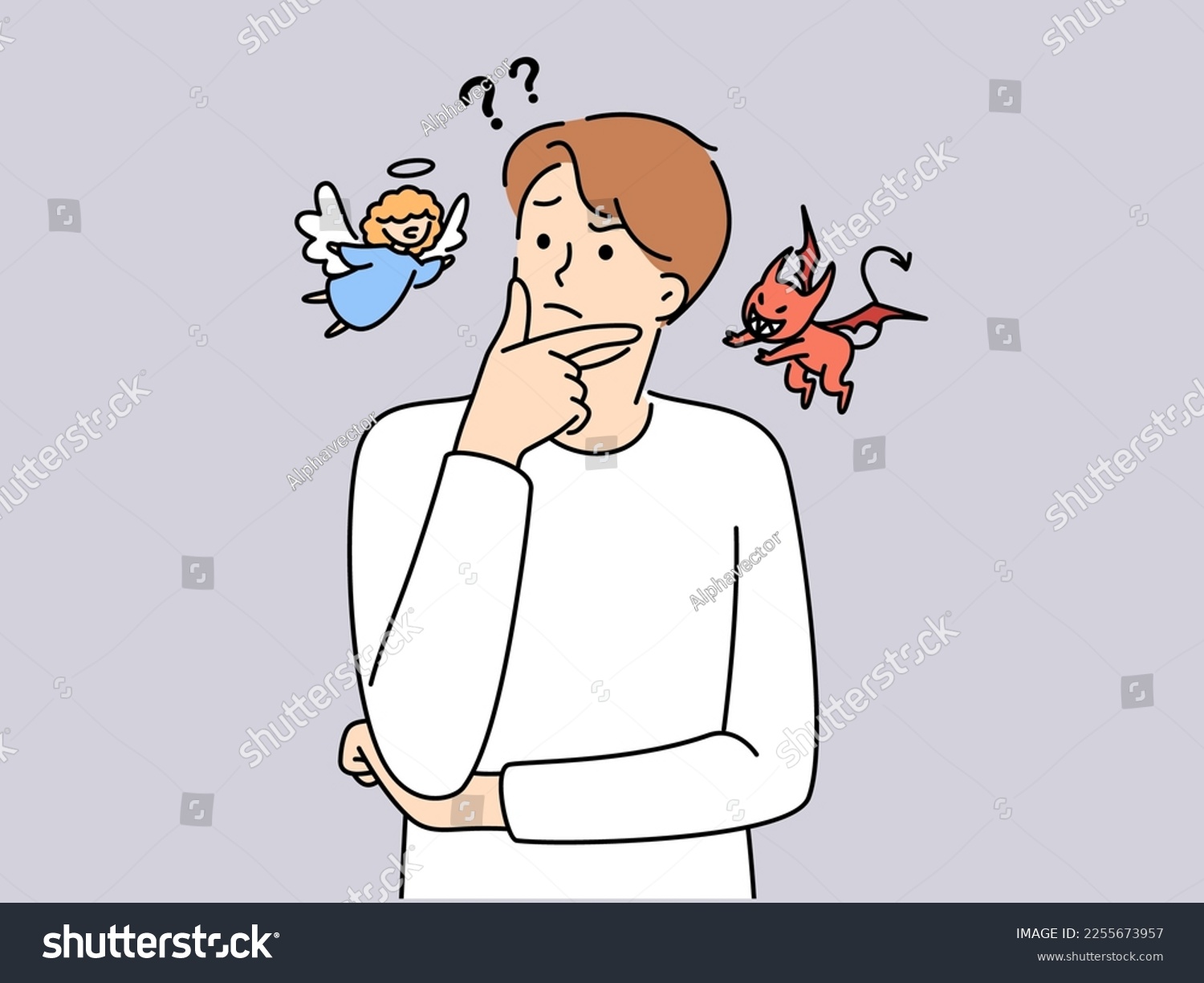 SVG of Confused young man with devil and angel on different sides decide or think. Frustrated guy feel unsure and doubtful about getting right or wrong decision. Vector illustration. svg