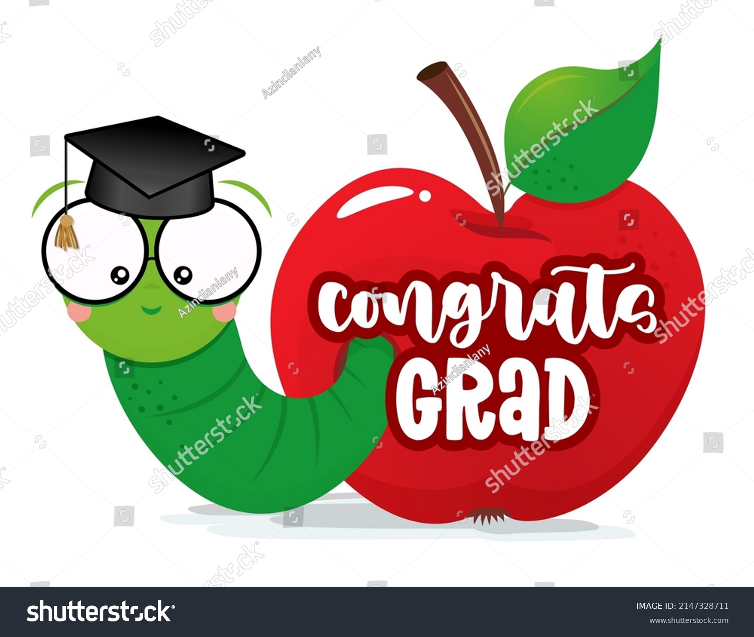 SVG of Congrats Grad! - Smart worm, student, in red apple with graduate cap. Cute caterpillar character. Hand drawn doodle for kids. Good for textiles, school sets, wallpapers, wrapping paper, clothes. svg