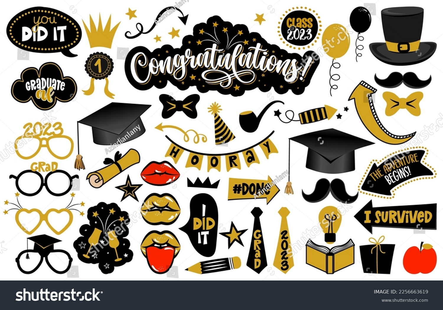 SVG of Congratulations Graduates photo booth prop set. Premium vector cap, hat, lips, eyeglasses, degree and many other. Graduation party photo booth. Let the adventure begin. svg