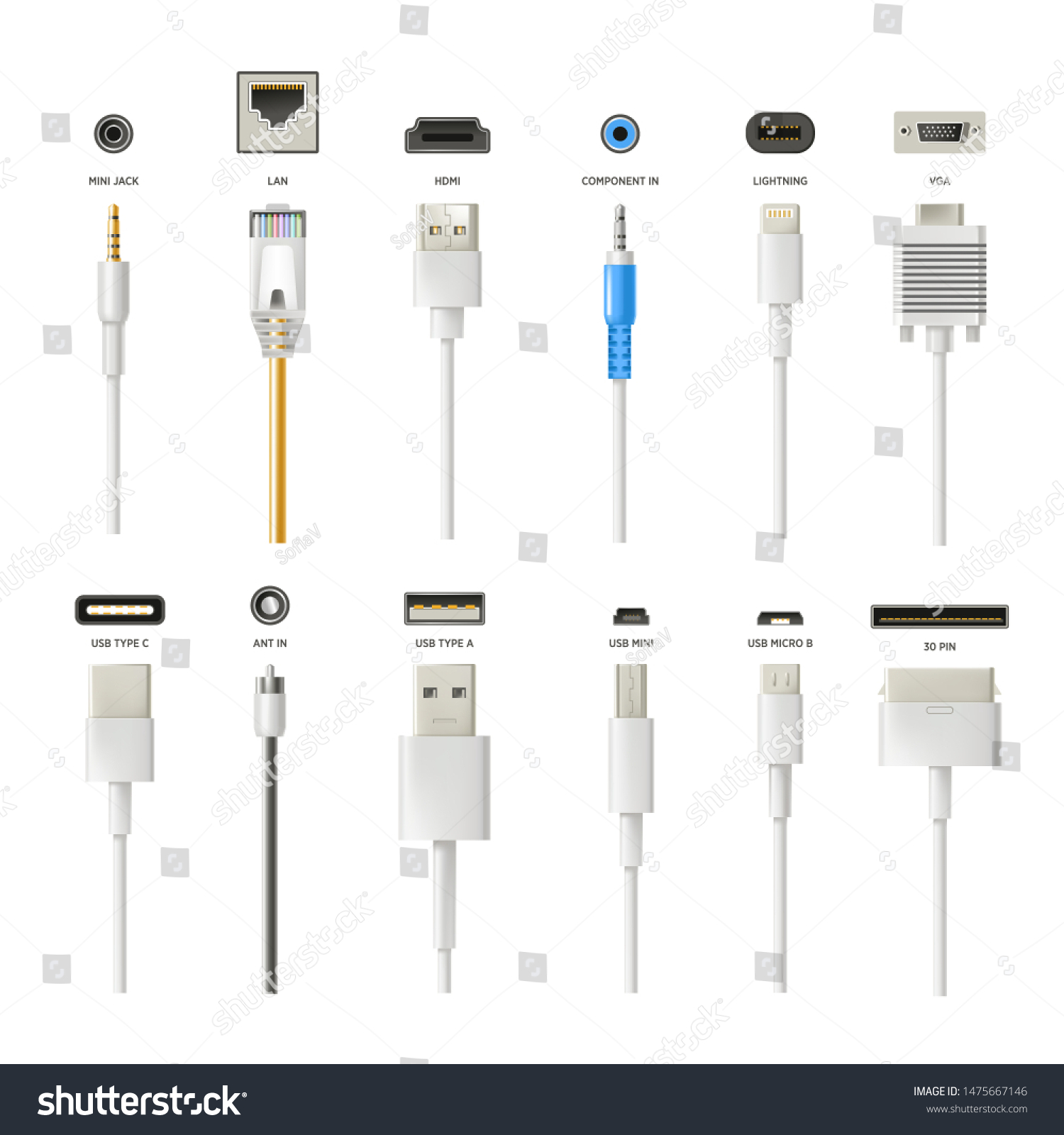 Connectors Plugs Wires Isolated Icons Technologies Stock Vector ...