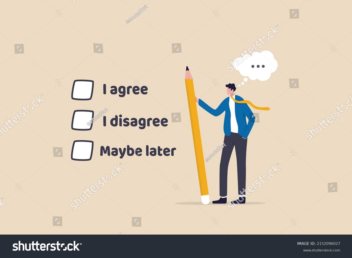 SVG of Consent document to choose, agree or disagree, accept or approve permission, yes or no answer, decide later, business agreement concept, businessman holding pencil decide to agree consent question. svg
