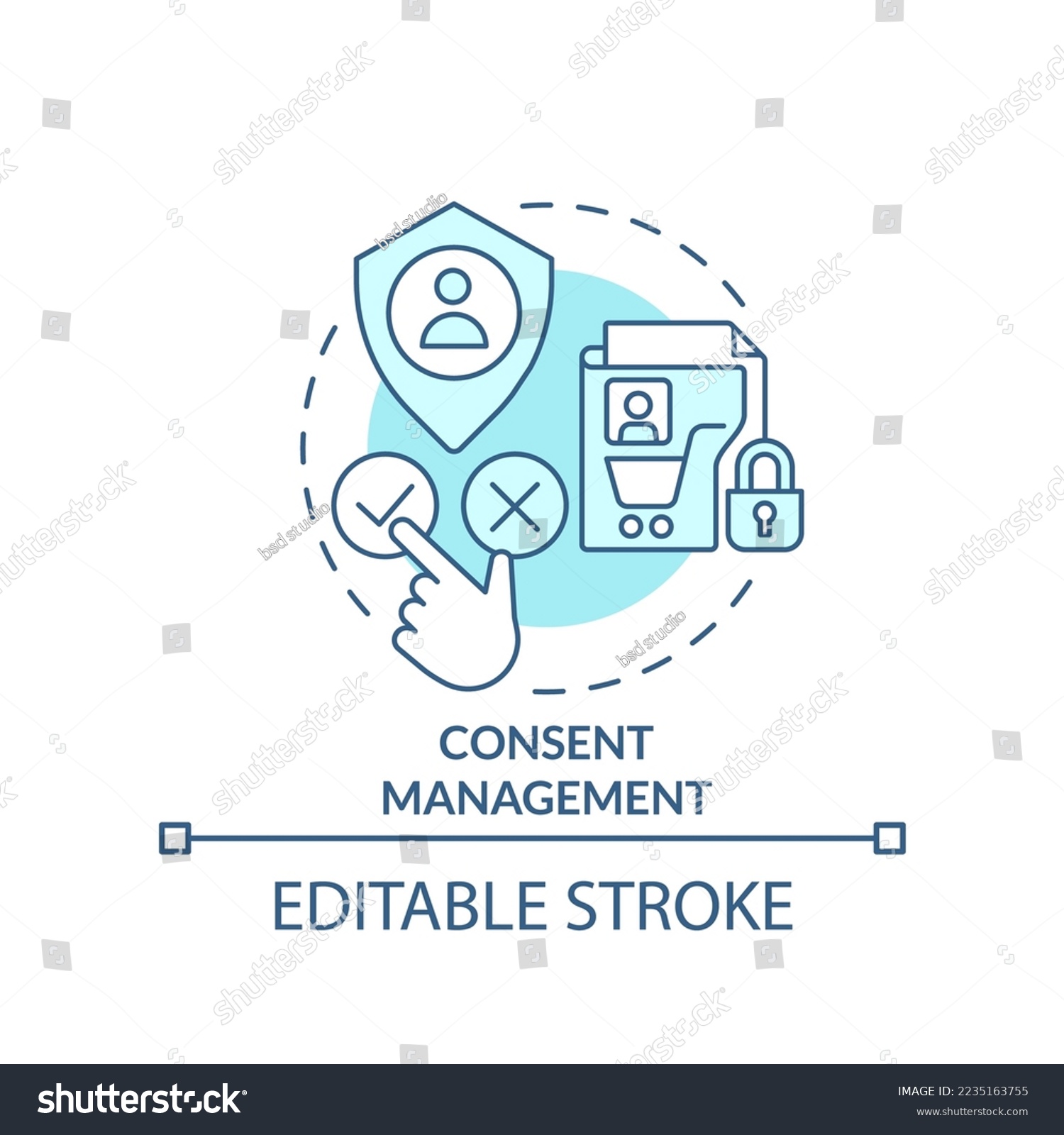 SVG of Consent management turquoise concept icon. Using customer personal data abstract idea thin line illustration. Isolated outline drawing. Editable stroke. Arial, Myriad Pro-Bold fonts used svg