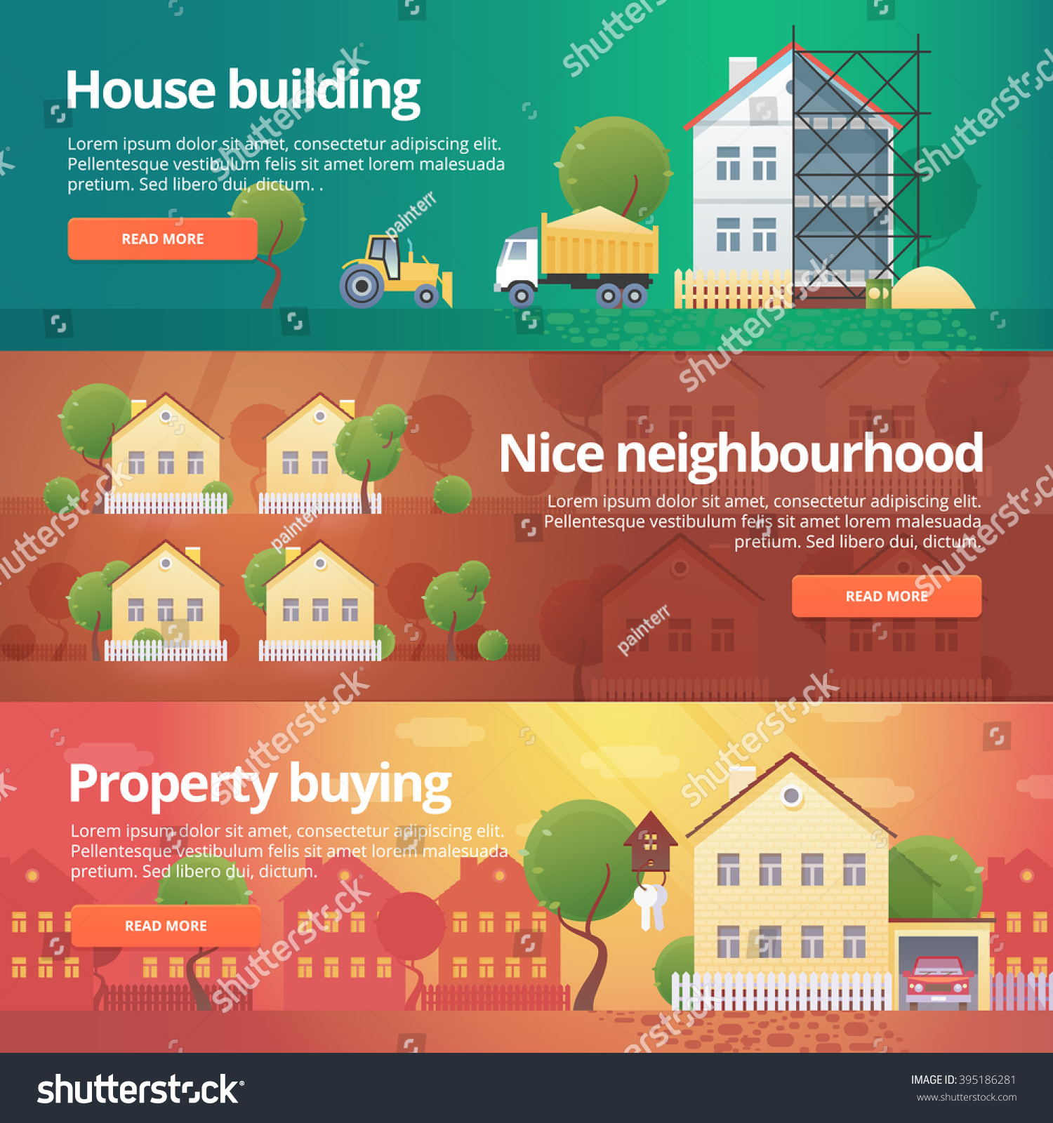 Construction Building Banners Set Flat Illustrations Stock Vector 