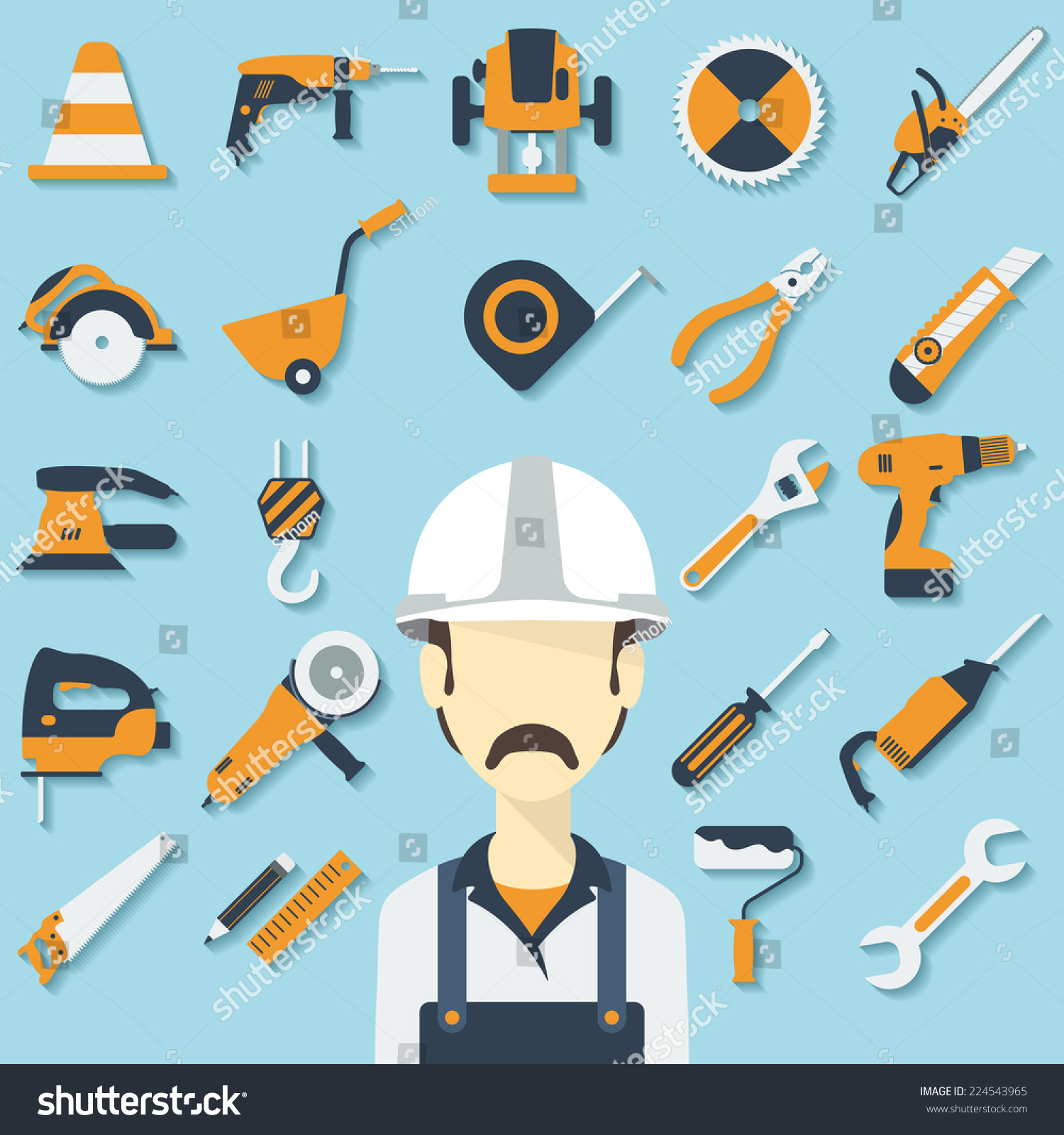 Construction Concept With Flat Icons And Builder. Vector Illustration ...