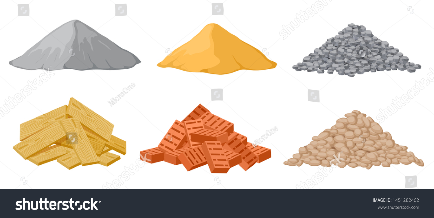 SVG of Construction material piles. Gypsum and sand, crushed and stones, red bricks and wooden planks heaps isolated vector set. Industrial plywood, panel and pile of bricks and sand illustration svg