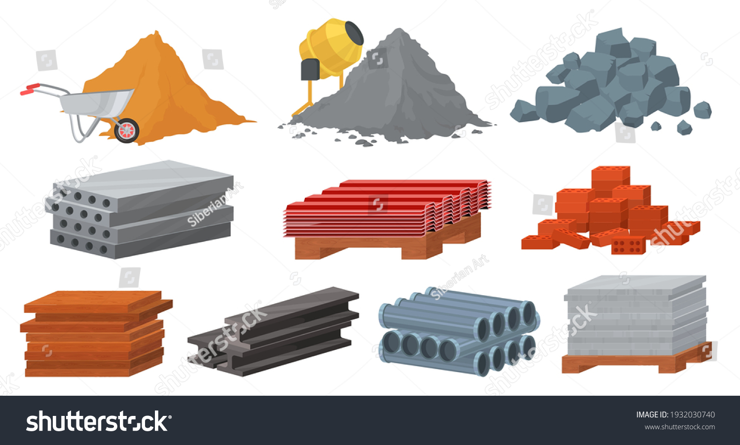 SVG of Construction materials set, flat vector illustration. Pile of sand, cement, stones, bricks. Concrete mixer. Stack of gypsum blocks, metal roof, tile, wooden planks. Materials for building industry. svg