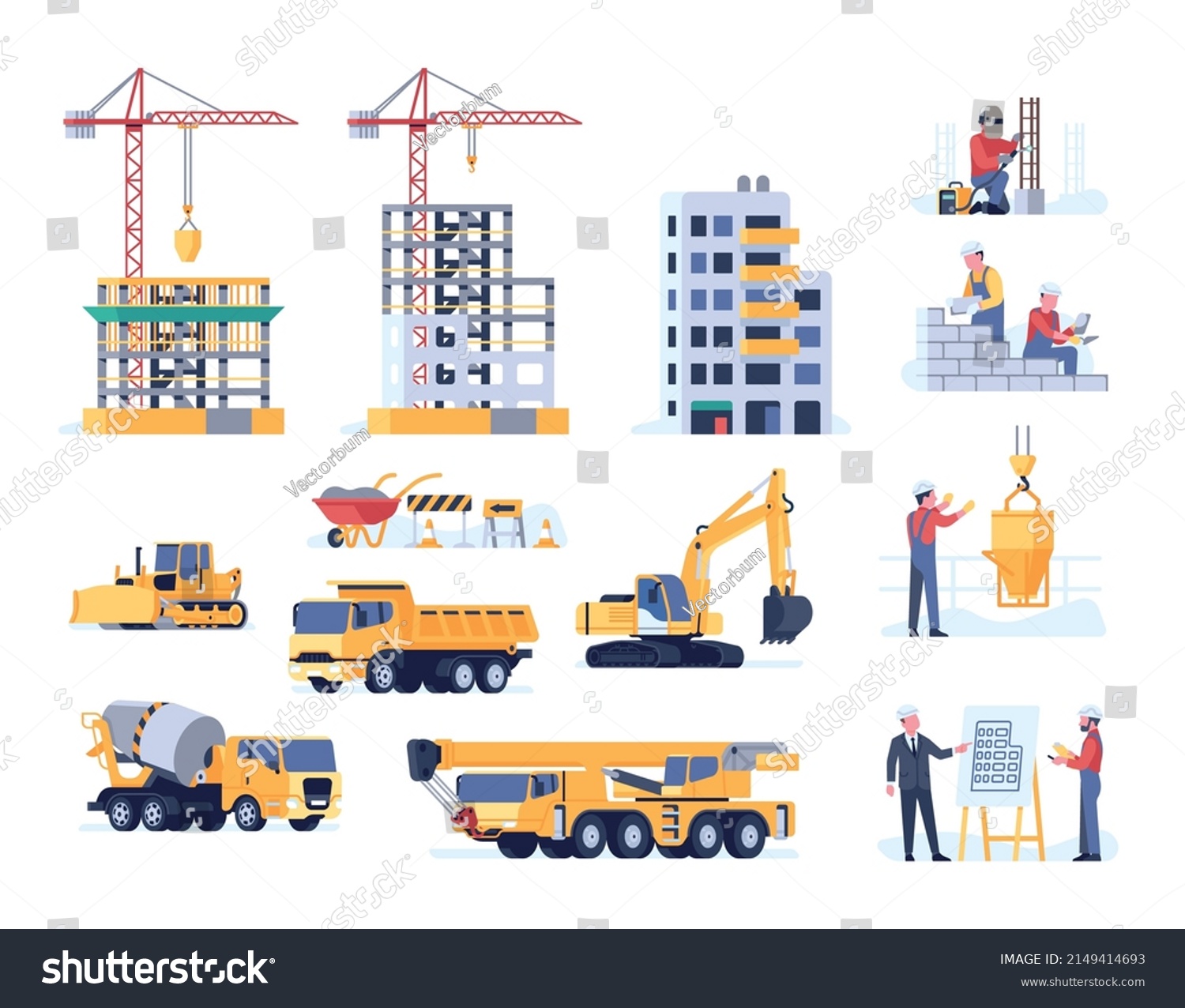 SVG of Construction process. Machines and technics. Architect, welder and builder. Unfinished house. Crane or excavator. Building transport. Concrete mixer. Vector housing svg