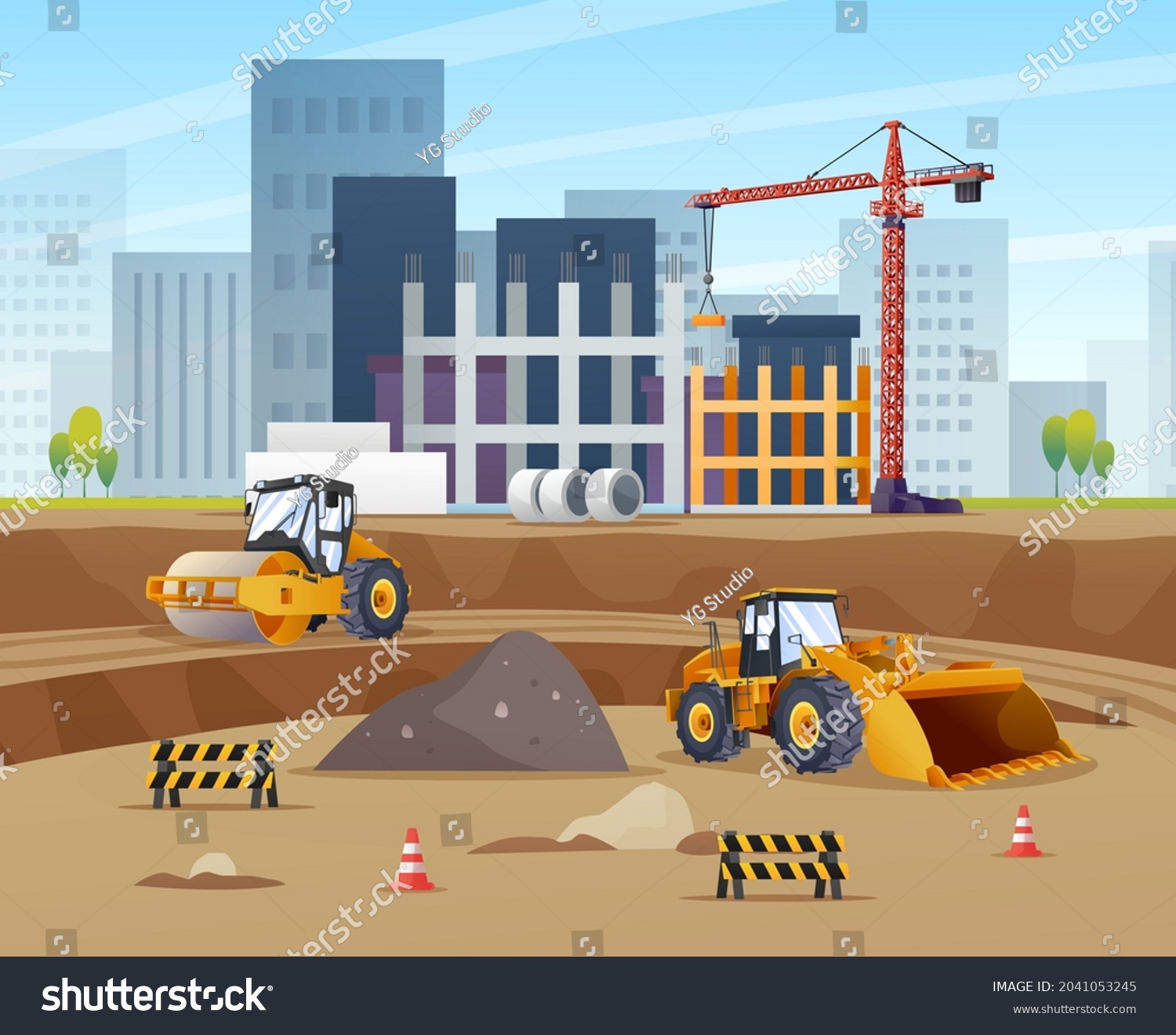 SVG of Construction site concept with compactor, wheel loader and material equipment vector illustration svg