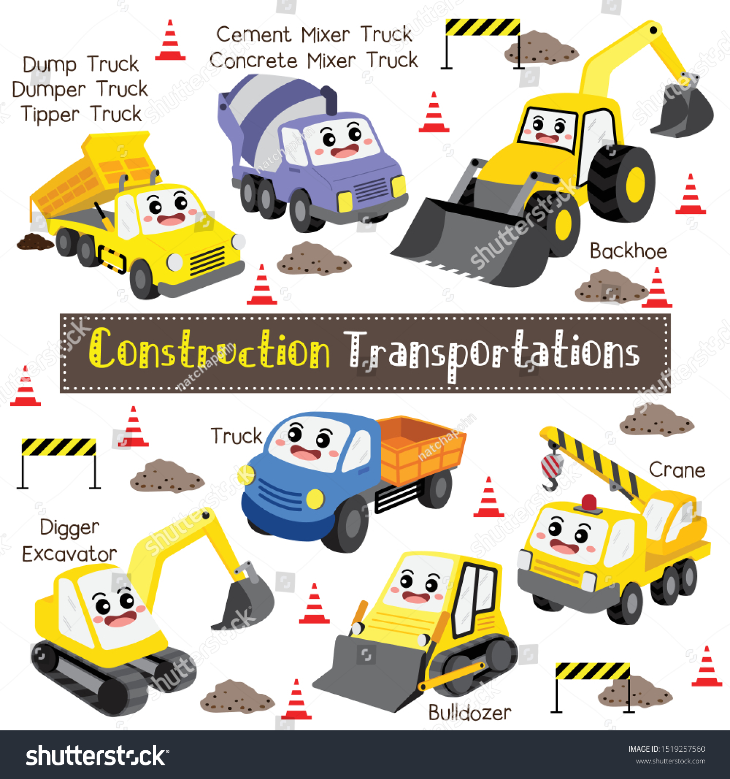 Construction Transportations Cartoon Set Vehicles Name Stock Vector Royalty Free 1519257560