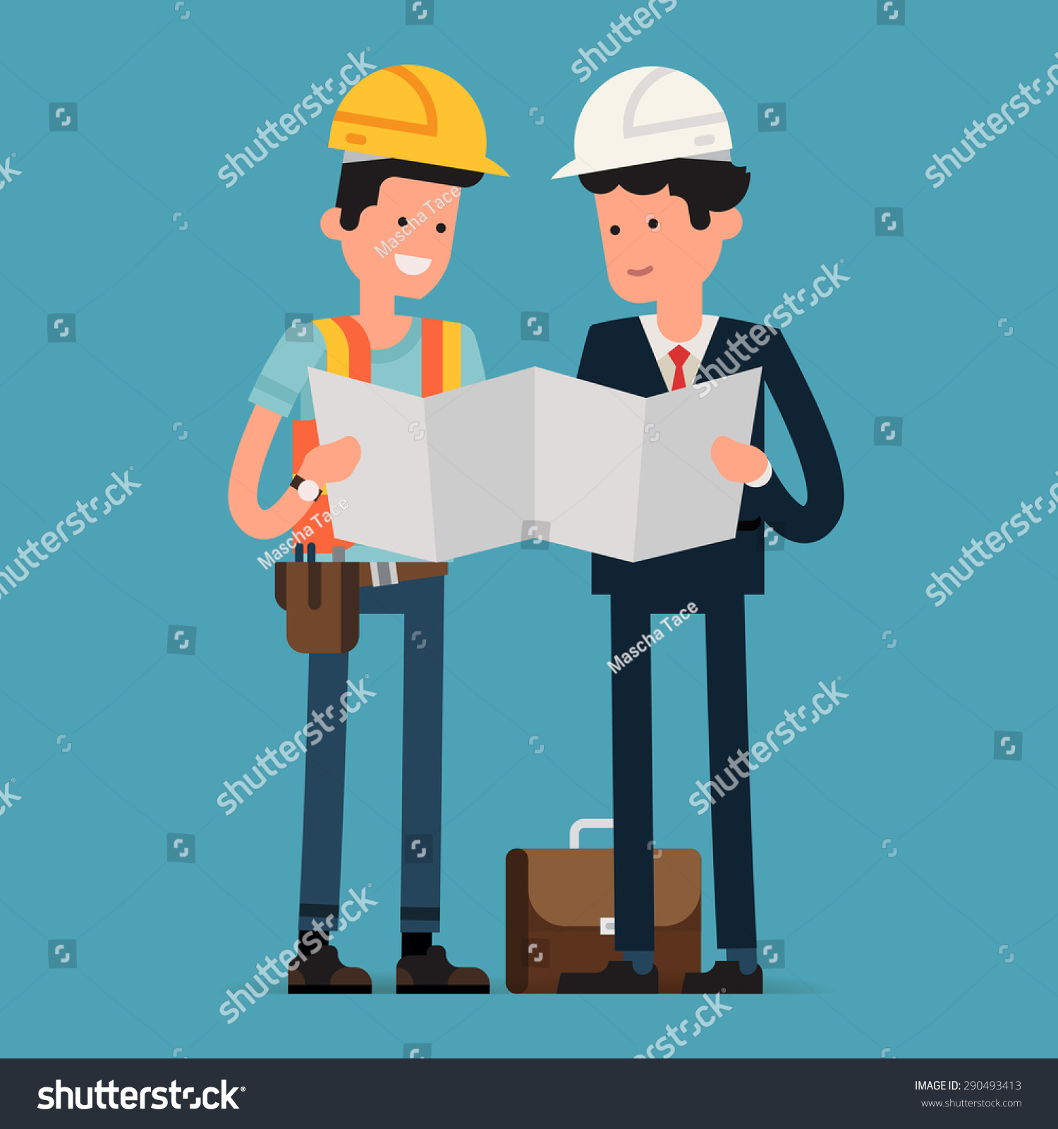 Construction Worker And Architect Reading Building Scheme Blueprint ...