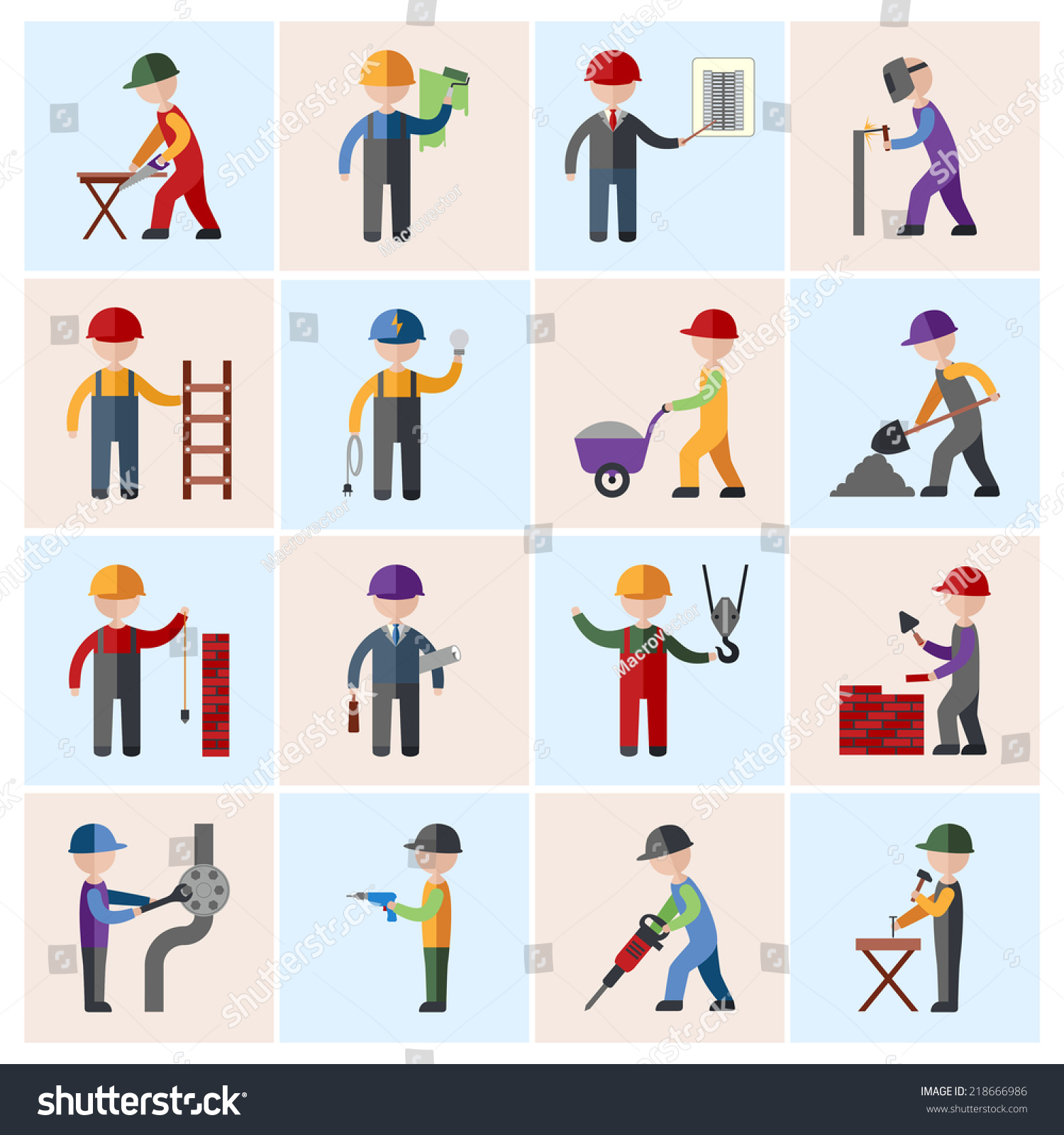 Construction Worker People Silhouettes Icons Flat Stock Vector ...