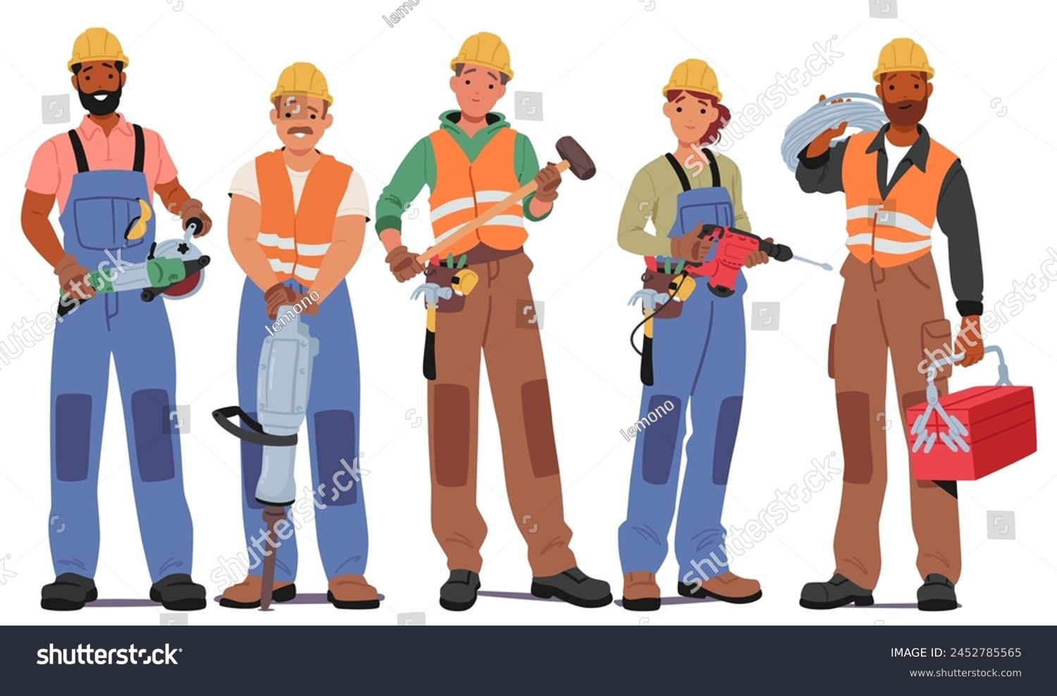 SVG of Construction Workers Male and Female Characters Stand in Row With Hammer, Drill, Toolbox, Grinder Tool and Wires, In Hand, Ready To Build And Shape The World. Cartoon People Vector Illustration svg