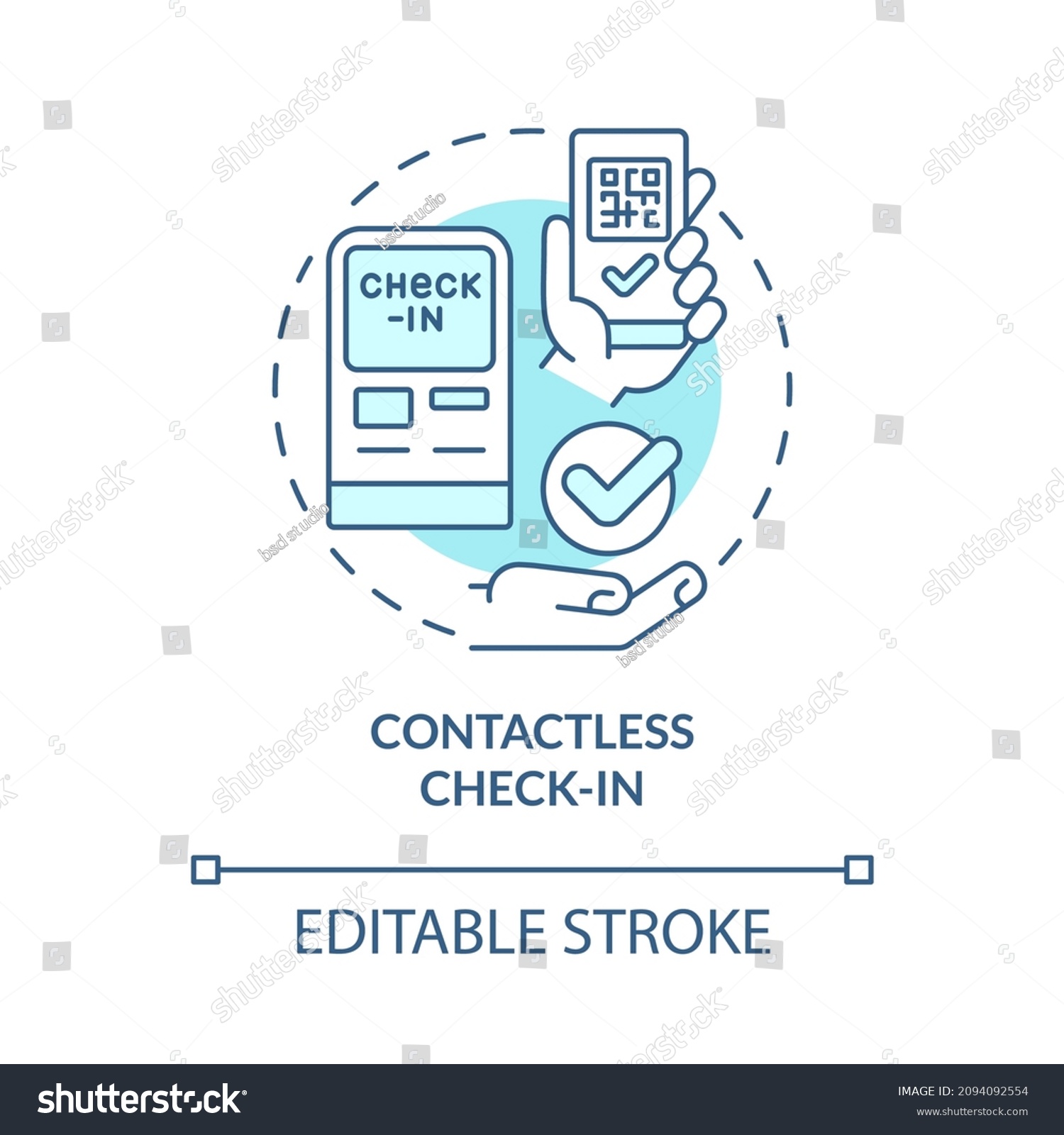SVG of Contactless check in turquoise concept icon. Secure solution. Touchless system abstract idea thin line illustration. Isolated outline drawing. Editable stroke. Roboto-Medium, Myriad Pro-Bold font used svg