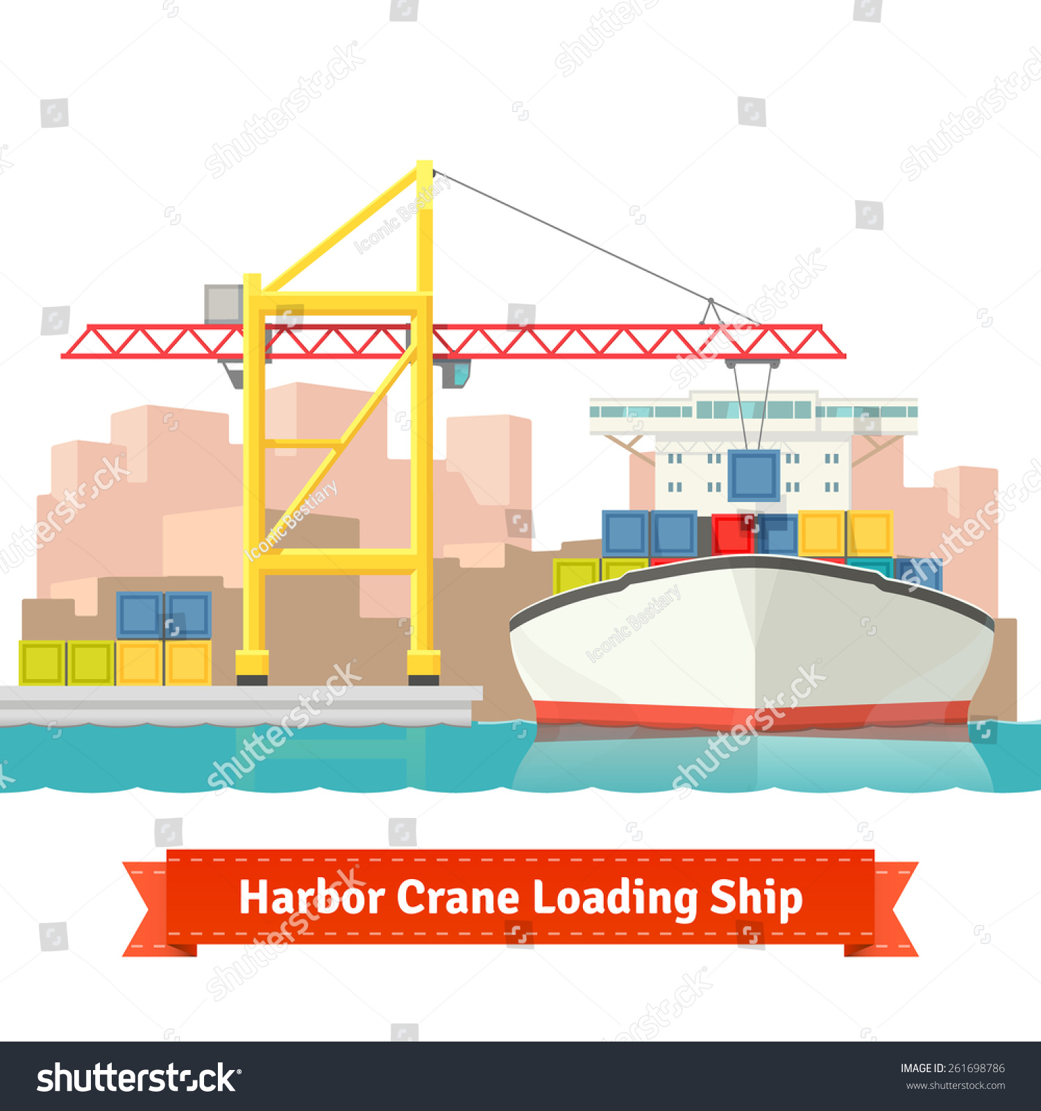SVG of Container cargo ship loaded by big harbour crane in the town port. Naval transportation concept. Vector flat style illustration. svg