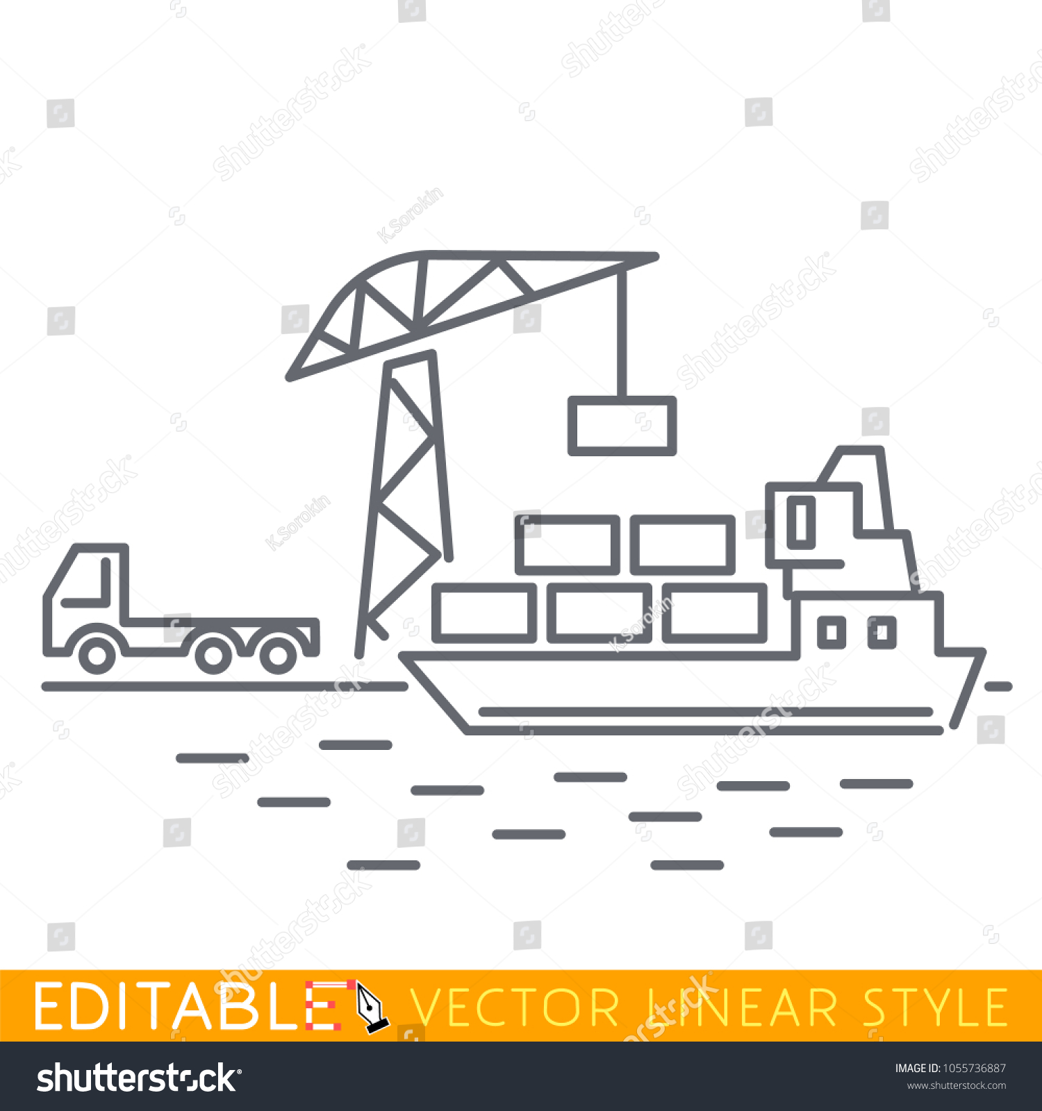SVG of Container cargo ship loaded by harbor crane from cargo truck in the port dock. Naval transportation concept. Editable line sketch icon. Stock vector illustration. svg