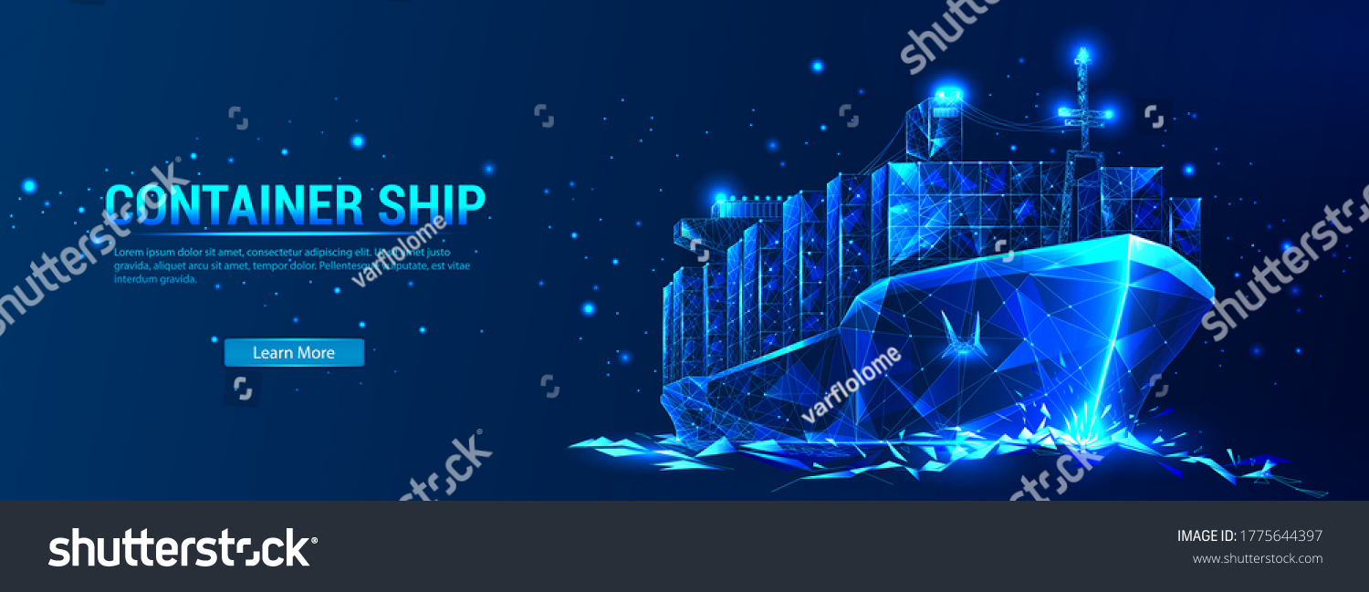 SVG of Container ship, cargo ship in a futuristic polygonal style with a skeleton, low poly triangles on a blue background with stars. Marine Logistics Banner. World cargo ship. Vector illustration svg