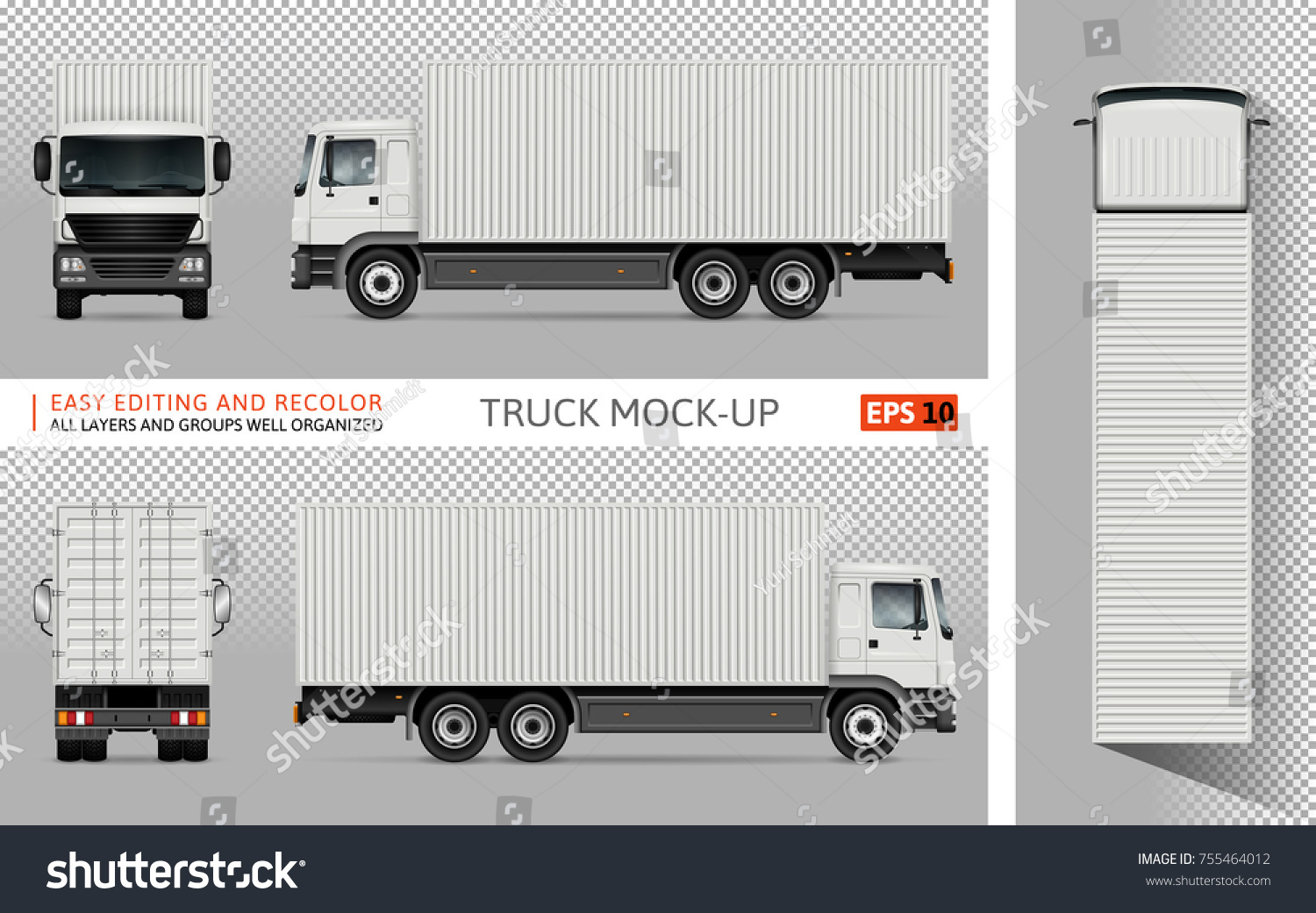 SVG of Container truck vector mock up for advertising, corporate identity. Isolated template of the lorry on transparent background. Vehicle branding mockup. View from side, front, back and top. svg