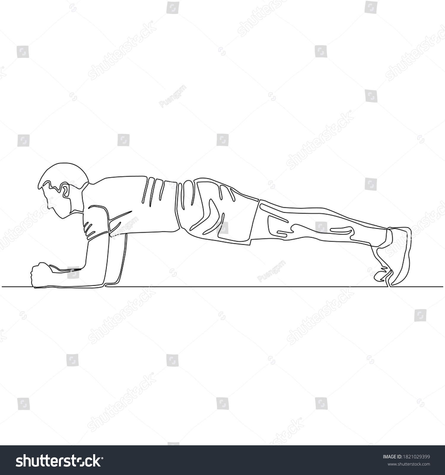 Continuous Drawing Line Fulllength Man Planking Stock Vector (Royalty